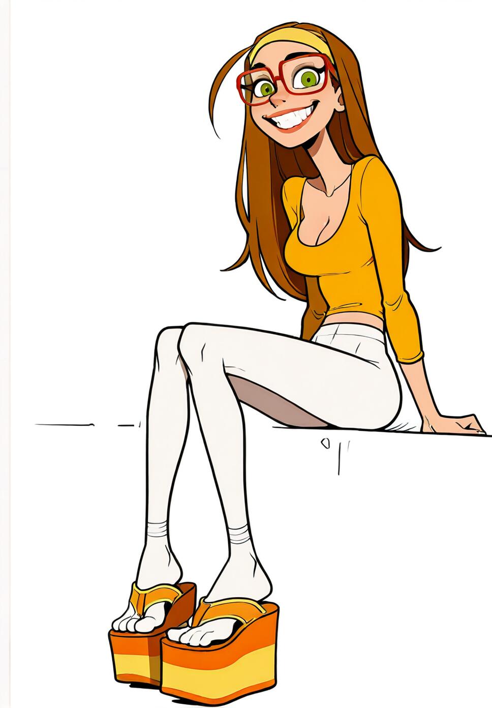 A stylized full-body illustration of Honey Lemon from Big Hero 6 sitting down. She has long brown hair, a yellow headband, red glasses, a yellow top, white pants, and very high orange platform flip-flops, and is giving a huge, toothy grin to the camera.