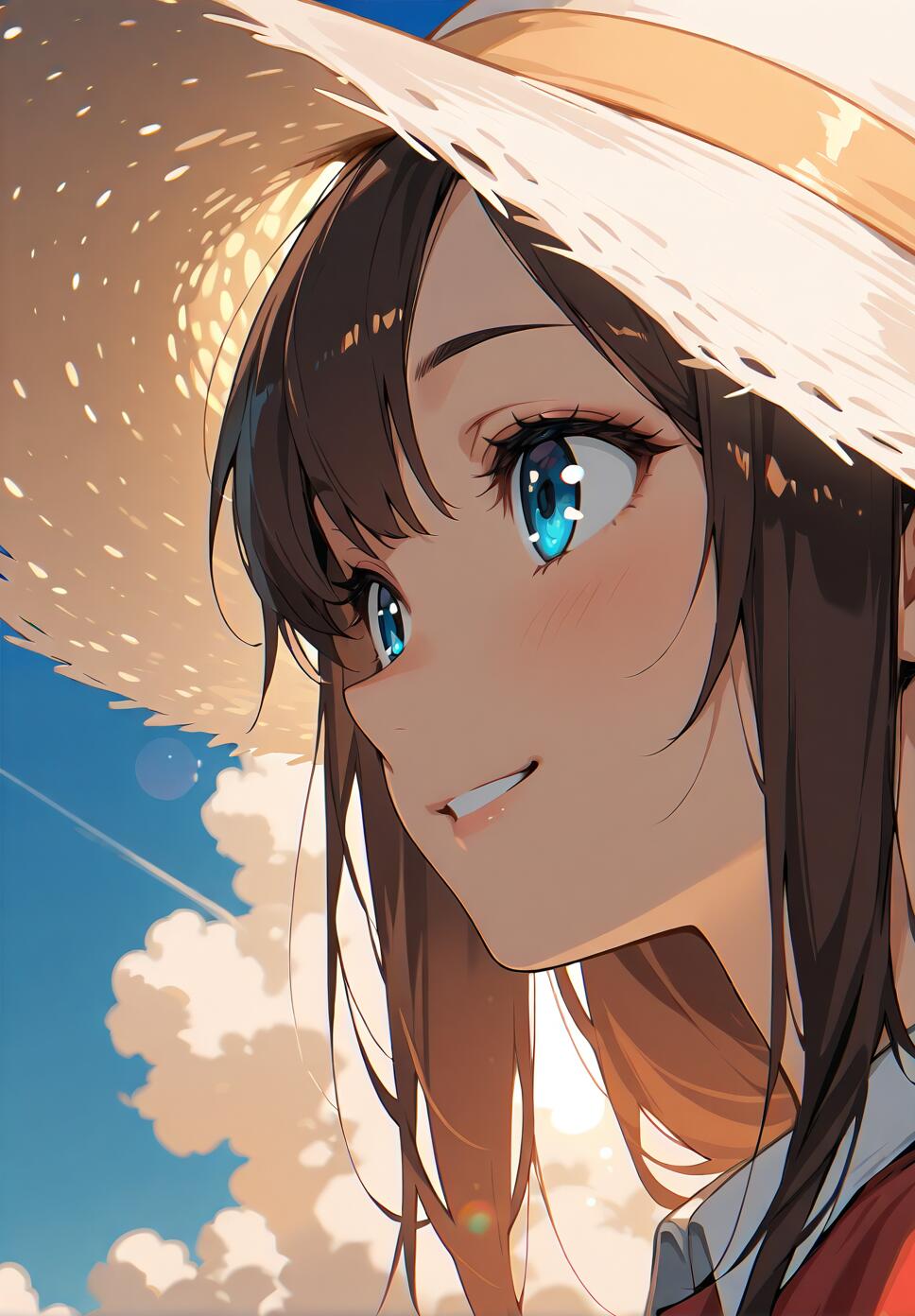 An anime girl with long brown hair and blue eyes, smiling as she looks up towards the sunny, blue sky. She is wearing a large straw sun hat and a red shirt with a white collar.