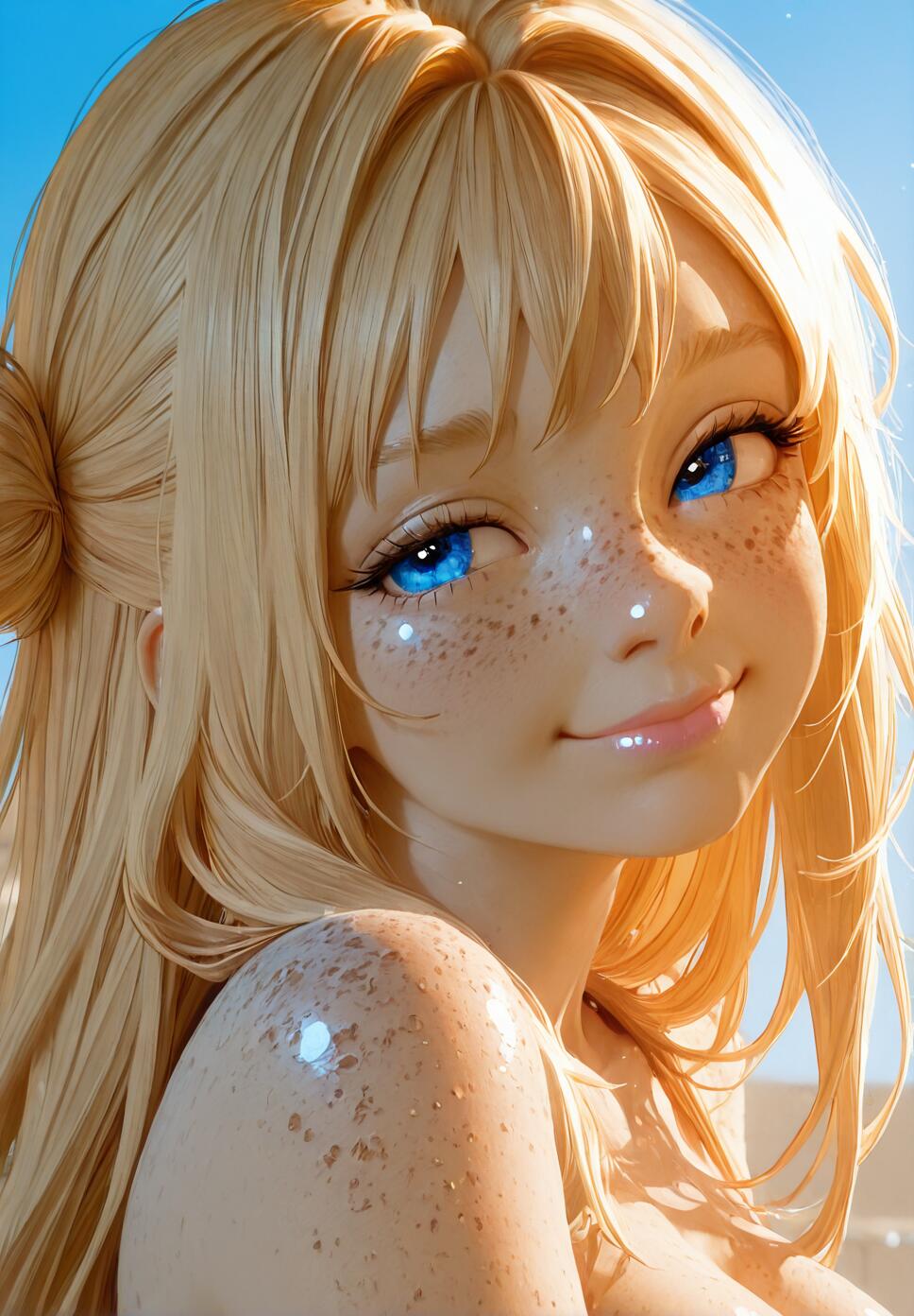 A close-up digital portrait of a young woman with long blonde hair, bright blue eyes, and freckles, smiling softly at the viewer under a bright blue sky.