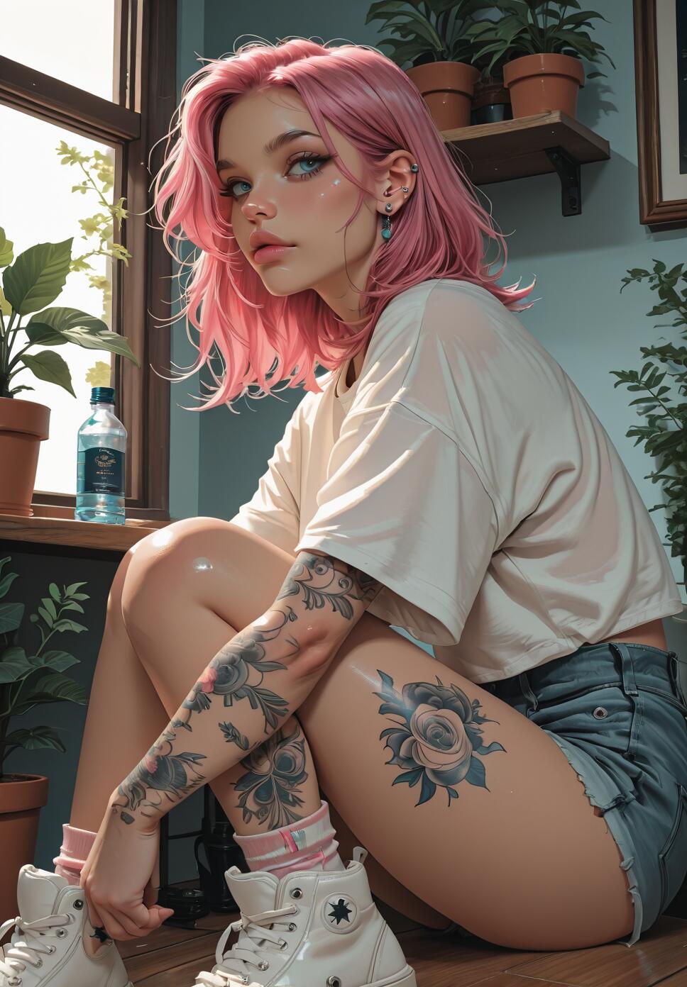 A full-body illustration of a young woman with pink hair and blue eyes sitting on the floor. She is heavily tattooed on her arm and leg, wears a white t-shirt, denim shorts, and white sneakers, and looks directly at the camera. The room has a window and several green plants.