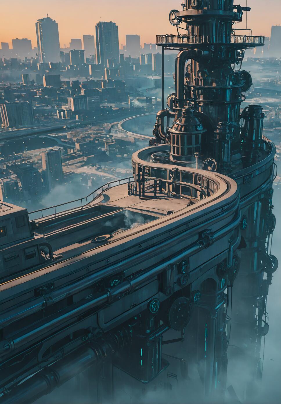 A high-angle view of a massive steampunk industrial tower with complex piping and platforms, overlooking a sprawling, hazy cityscape filled with skyscrapers under an orange and blue dawn sky.