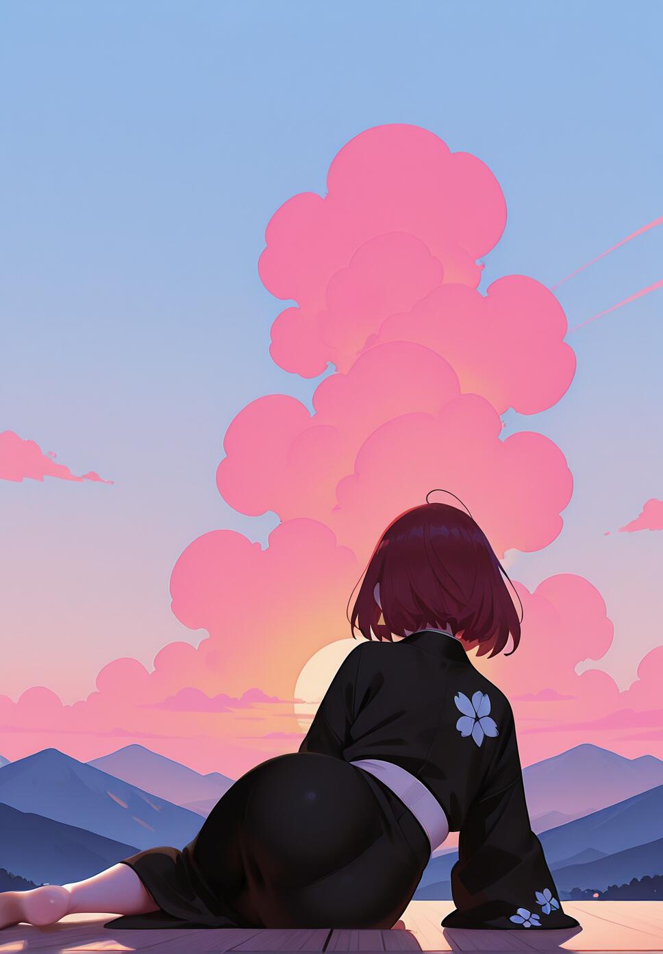 An anime-style illustration of a girl with short auburn hair in a black haori, seen from behind. She is lying on her side on a wooden deck, looking at a vibrant pink and blue sunset over mountains.