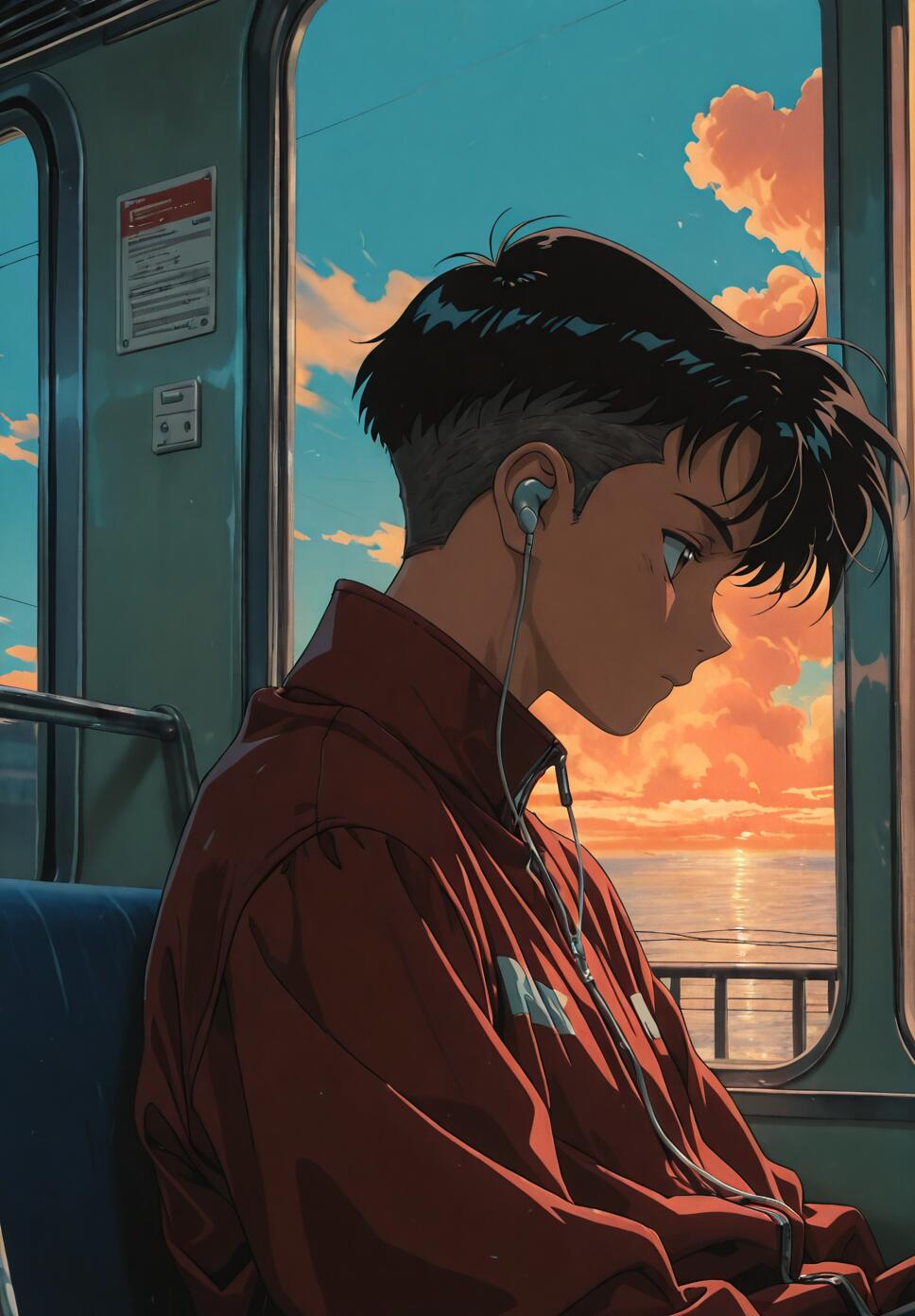A young man with an undercut hairstyle, wearing a red jacket and earbuds, sits on a train looking out the window at a sunset over the ocean, depicted in a 90s anime art style.