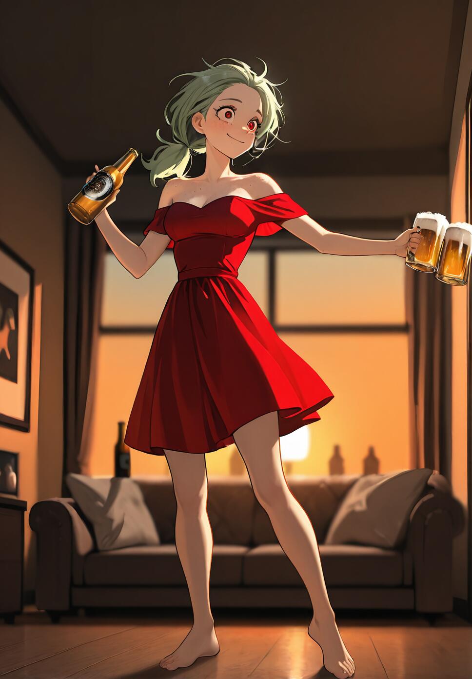 An anime girl with light green hair and a red dress, standing barefoot in a living room, holding a beer bottle and two mugs of beer with a happy expression.