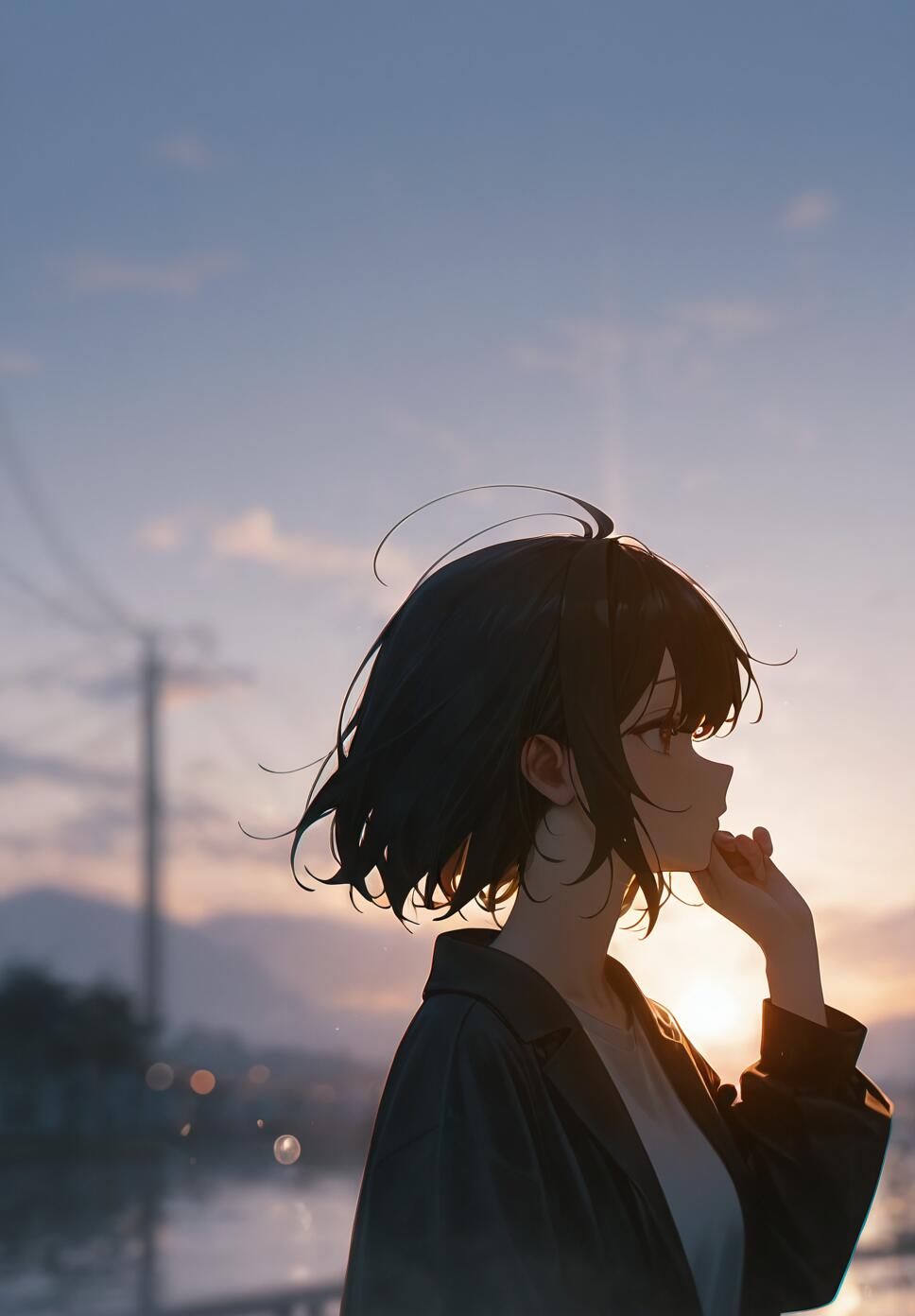 An anime girl with short black hair standing in profile against a hazy sunset, with her hand held up to her chin in a thoughtful pose.