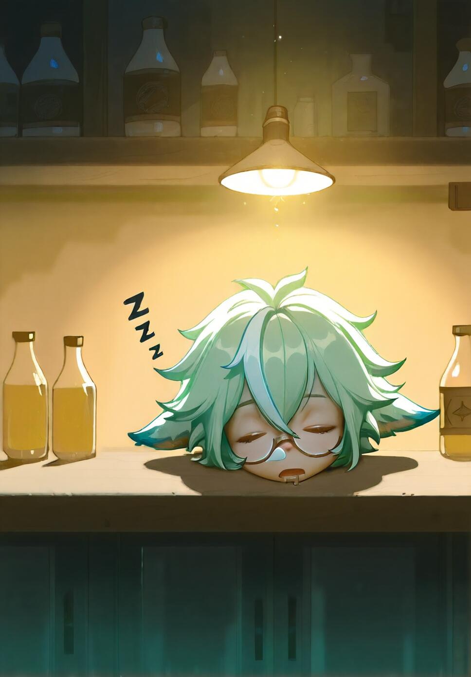 Sucrose from Genshin Impact, a girl with short green hair, glasses, and fluffy ears, sleeping with her head on a wooden counter in a dimly lit alchemy lab. A single lamp shines down on her, with 'ZZZ' floating near her head.