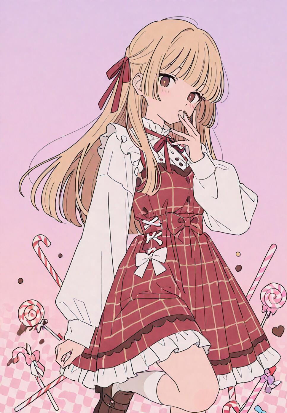 An anime girl with long blonde hair and brown eyes wearing a red checkered dress and a white frilly blouse, posing with a hand to her mouth against a pink background filled with candy.