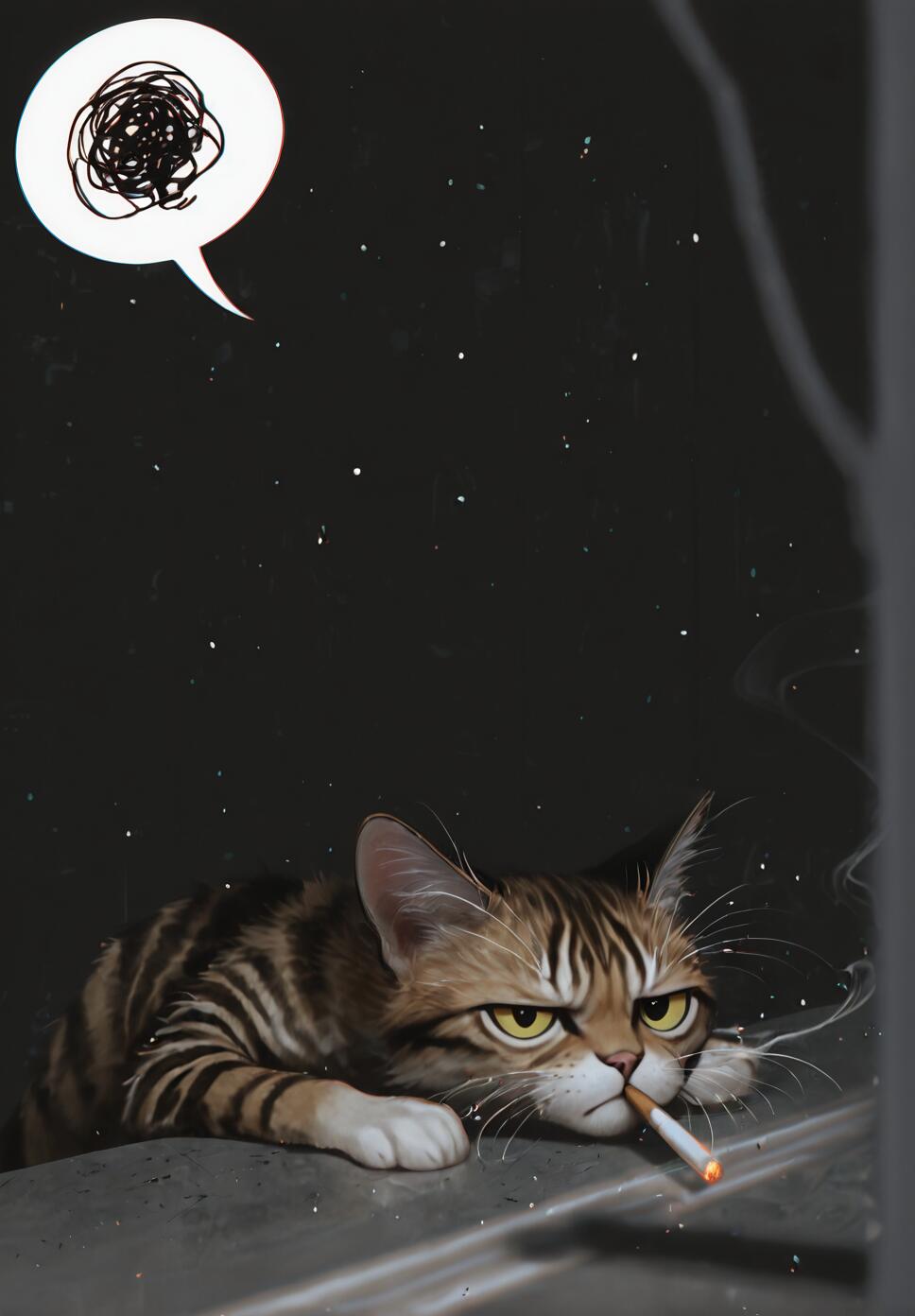 A brown tabby cat with a grumpy expression lies on a grey ledge with a lit cigarette in its mouth. Above the cat is a white speech bubble filled with a chaotic black scribble, all set against a dark, starry background.