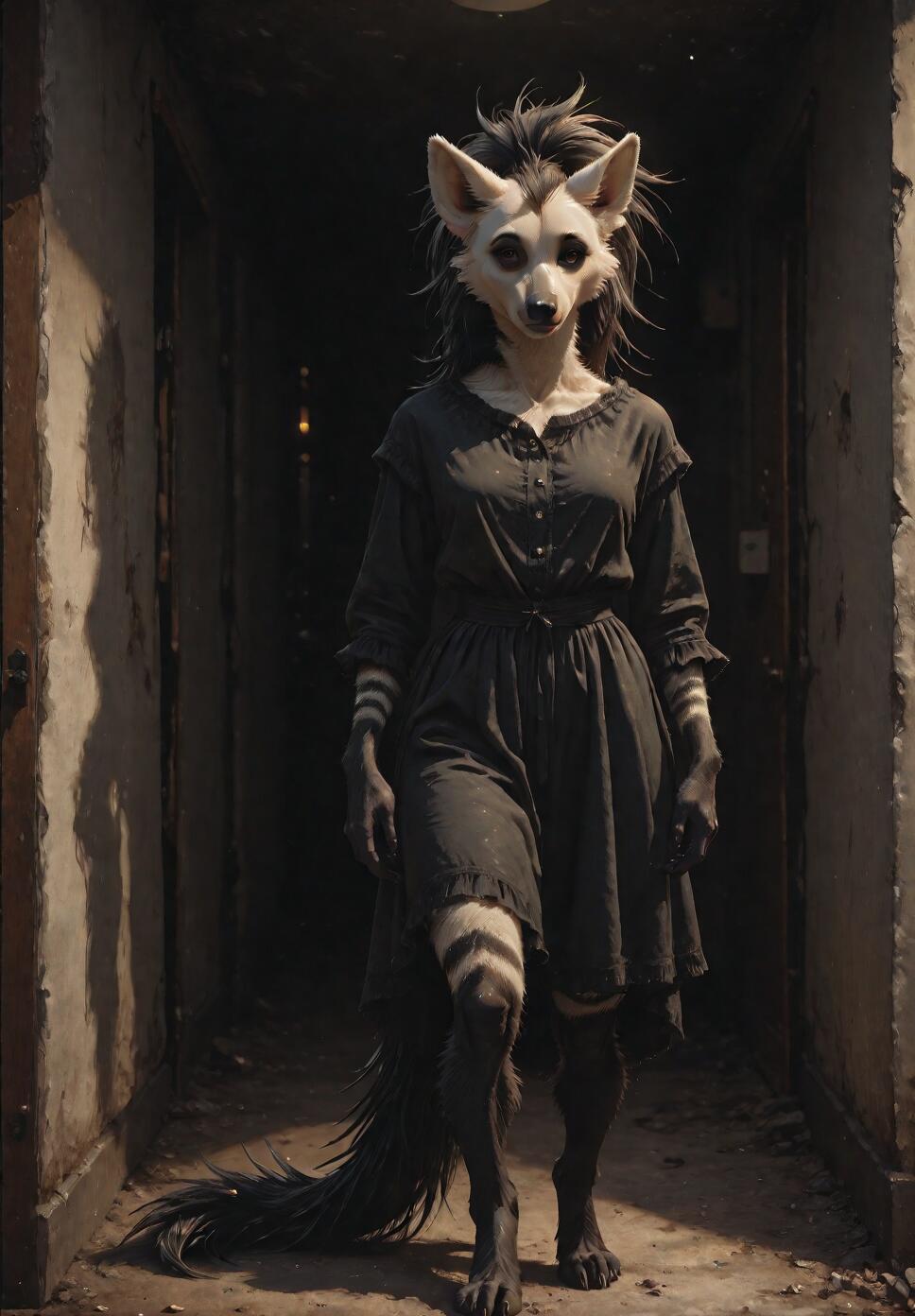 A full-body image of a creepy anthropomorphic aardwolf woman with white facial markings and large ears, wearing a dark dress and walking towards the camera in a derelict, dark hallway.