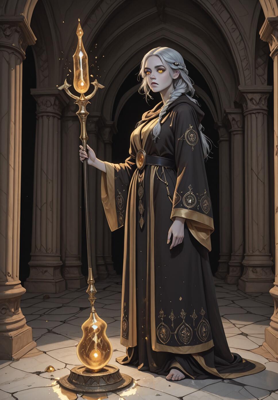 A full-body illustration of a young female alchemist with long silver hair and glowing gold eyes, wearing a dark robe with gold details. She stands in a stone hall with pillars, holding a tall, ornate staff that emits a golden light.