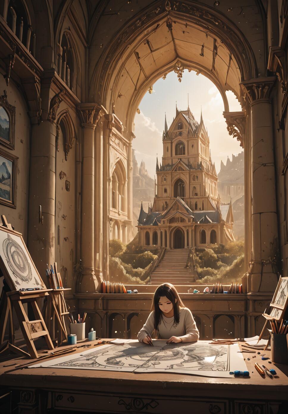 An anime-style illustration of a young woman drawing an architectural plan of a fantasy castle at a desk in a grand stone studio, with the actual castle visible through a large archway behind her.