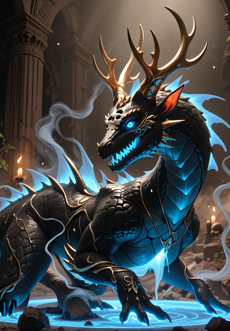 A powerful-looking black dragon with large golden antlers and glowing blue eyes and chest, standing inside a glowing blue circle on the ground of an ancient stone temple.