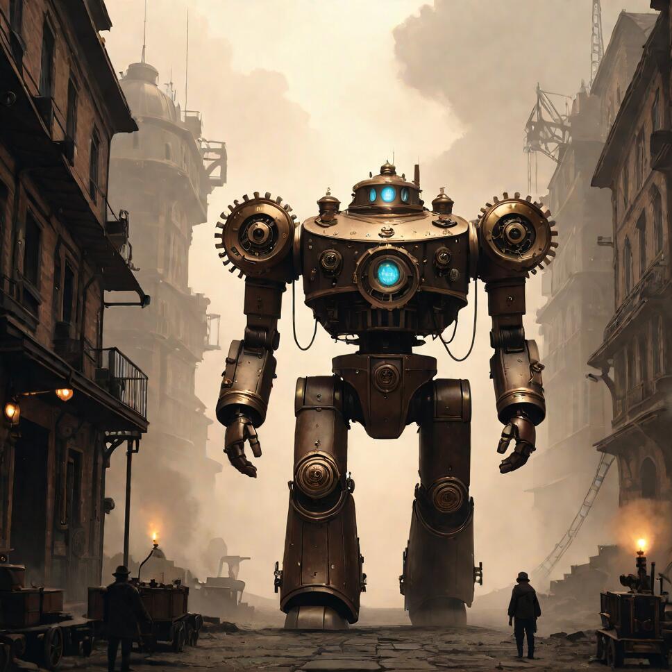 A giant steampunk robot made of bronze and gears stands on a cobblestone street in a foggy, industrial-era city, with small human figures looking on from below.