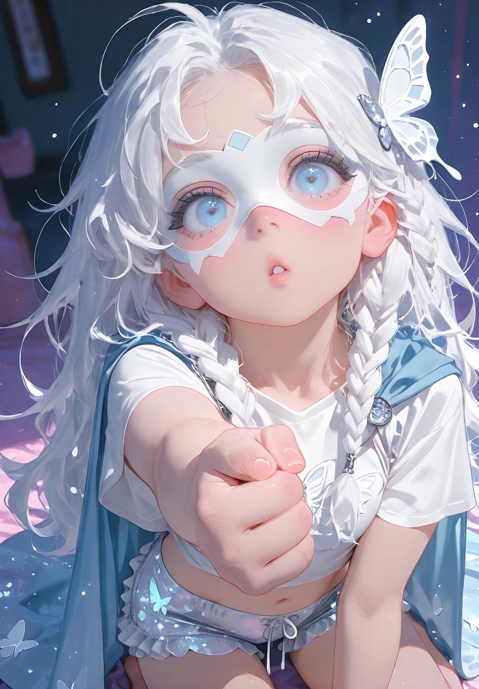 An anime girl with long white hair, braids, light blue eyes, and a white domino mask, wearing a blue cape and shorts, extends her fist towards the camera with a surprised look.