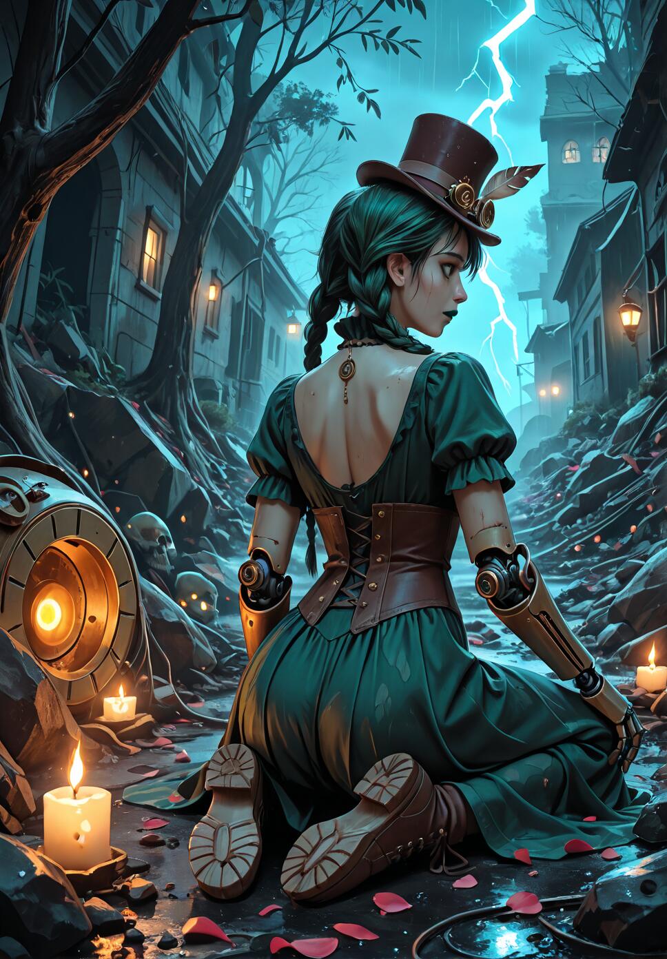 A woman with green hair in a steampunk outfit, featuring a top hat and mechanical arms, kneels from behind in a dark, stormy city alley lit by candles and lightning.