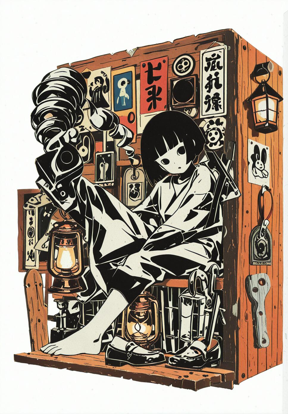 A graphic illustration of a girl with a black bob and large white eyes sitting on a cluttered wooden shelf. The style is high-contrast black and white with orange accents, featuring objects like lanterns, a large drill, and posters with Japanese writing.