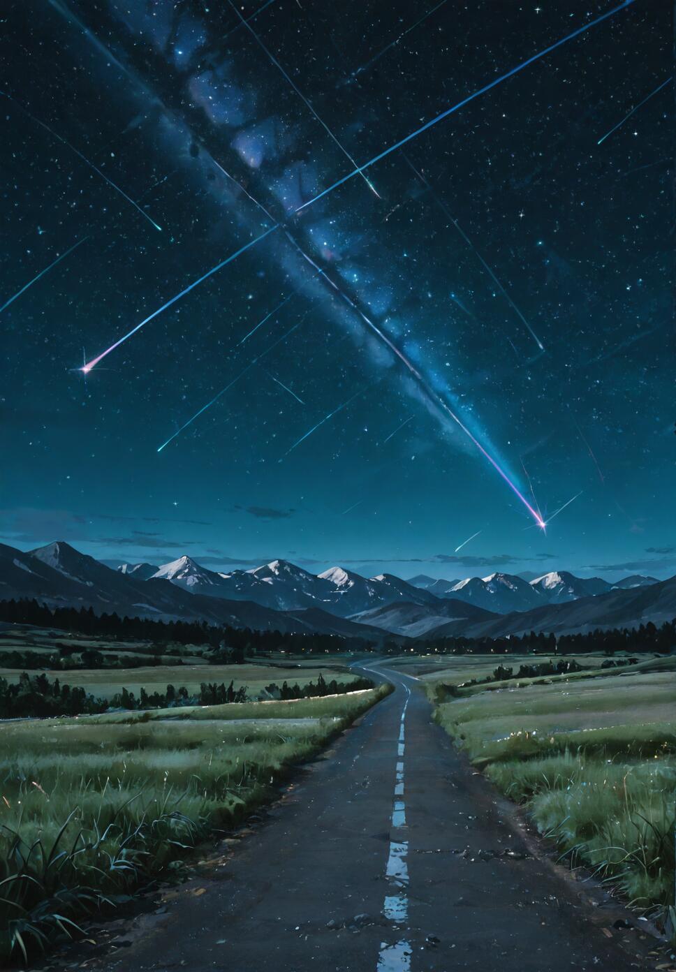 An illustration from the anime 'Your Name.' depicting a vibrant meteor shower and a large splitting comet in the night sky over a country road that winds towards distant, snow-capped mountains.