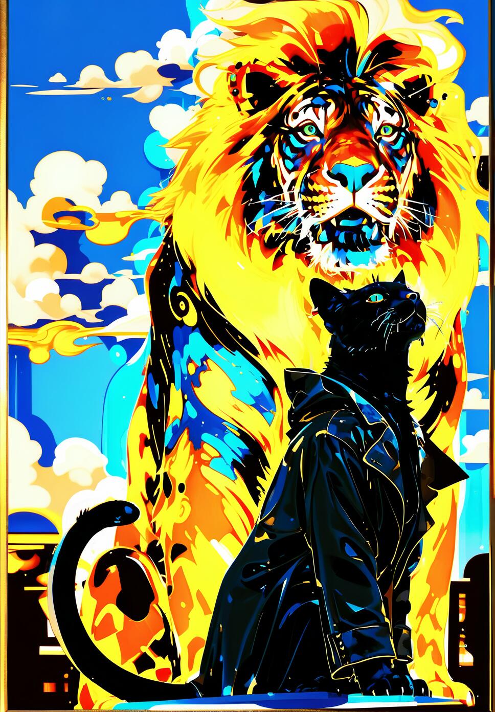 A stylized illustration of a black cat in a black leather coat sitting in front of a giant, vibrantly colored lion with tiger markings against a bright blue sky.