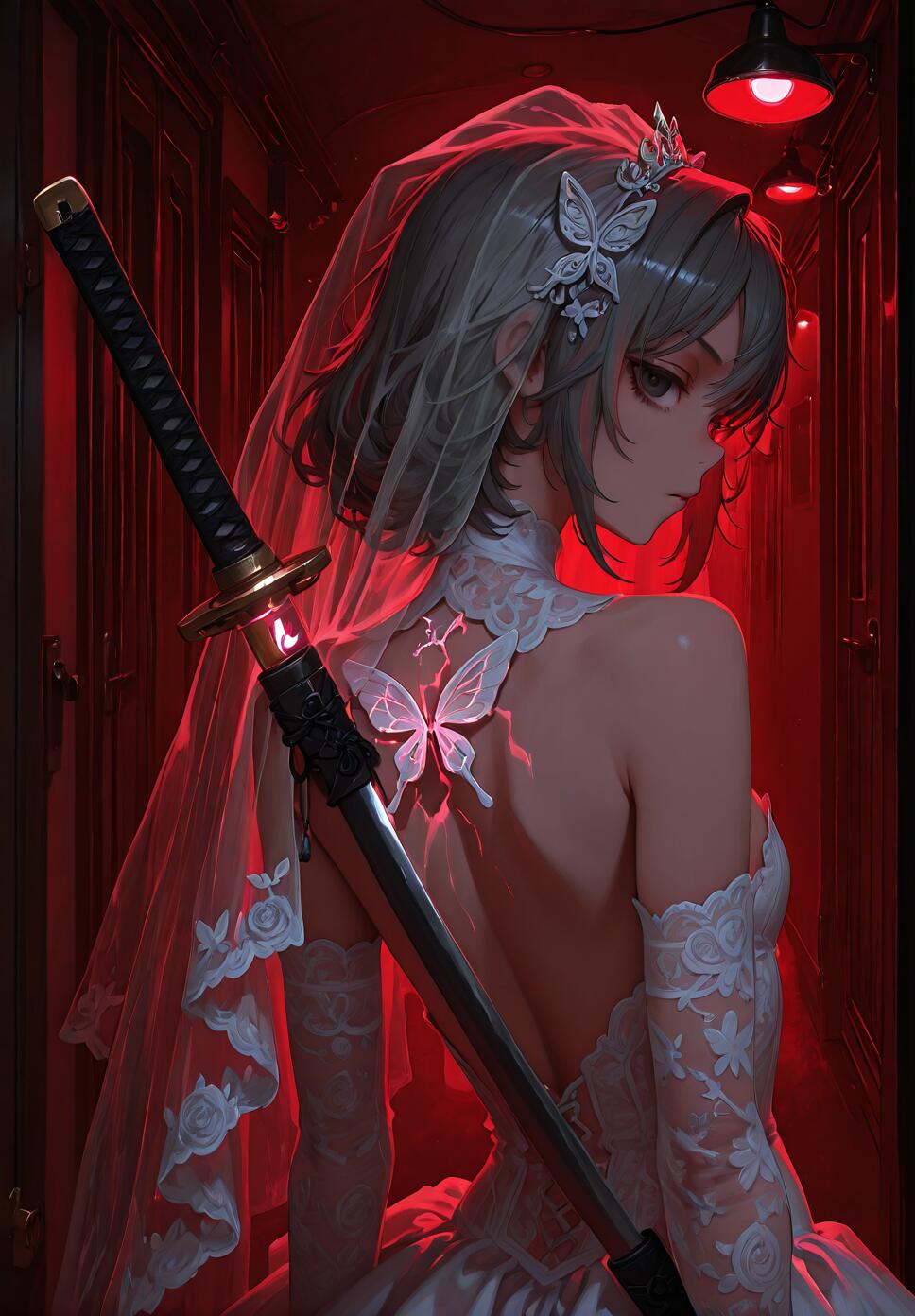 An anime illustration of a young woman with short gray hair in a backless white wedding dress and veil, looking over her shoulder while carrying a katana in a dark corridor lit by red lights.