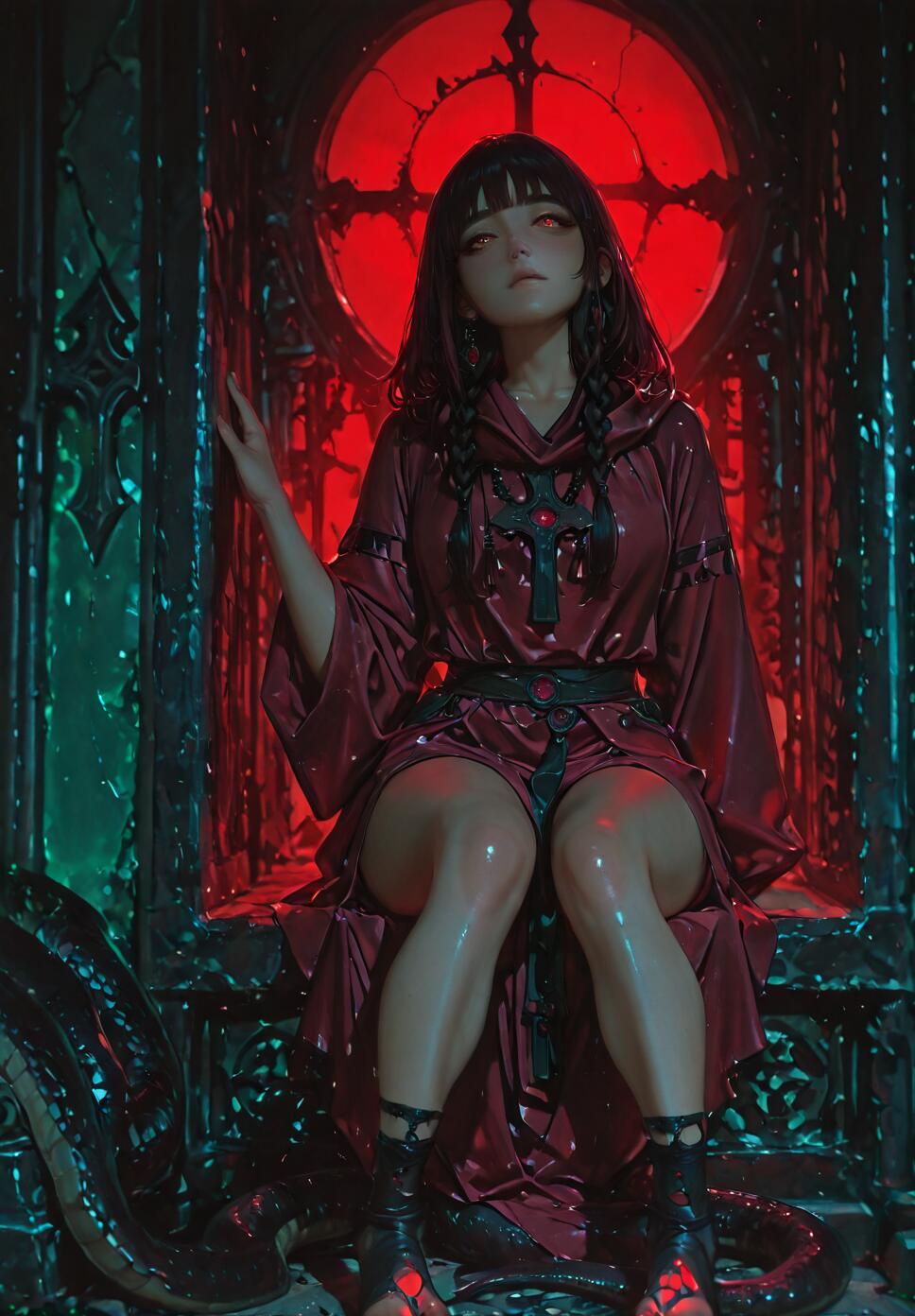An anime-style illustration of a young woman with black hair and glowing red eyes, dressed in a red robe, sitting on a dark, gothic throne. A giant serpent is coiled at her feet, and a large, glowing red circular window is behind her.