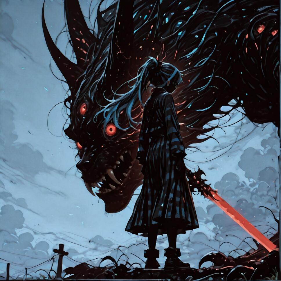 An anime girl with blue hair and a glowing red sword stands with her back to the viewer, while a giant, multi-eyed shadow monster with horns and fangs looms beside her against a cloudy sky.