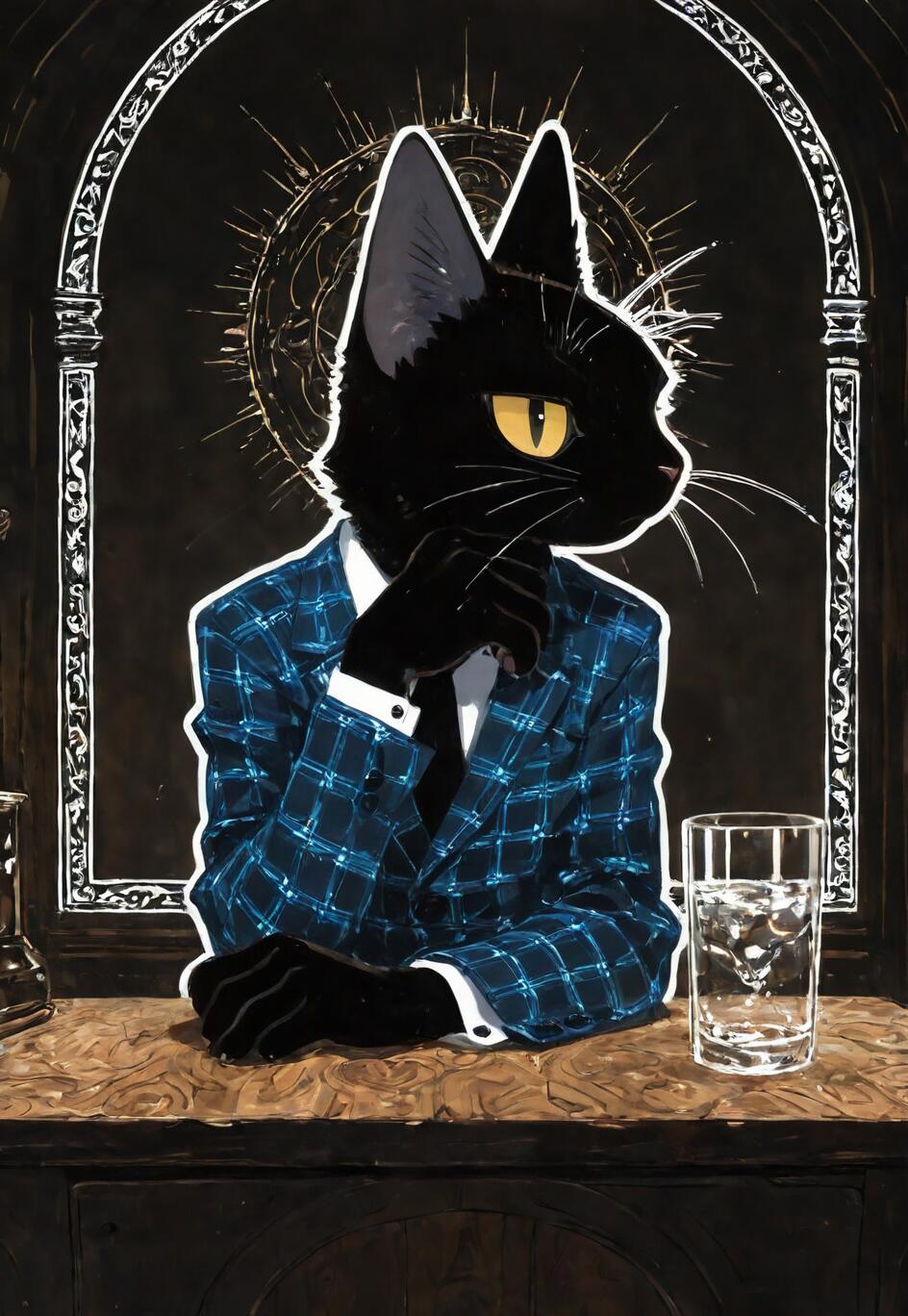 An illustration of an anthropomorphic black cat wearing a blue plaid suit, sitting thoughtfully at a wooden desk with a glass of a clear drink.