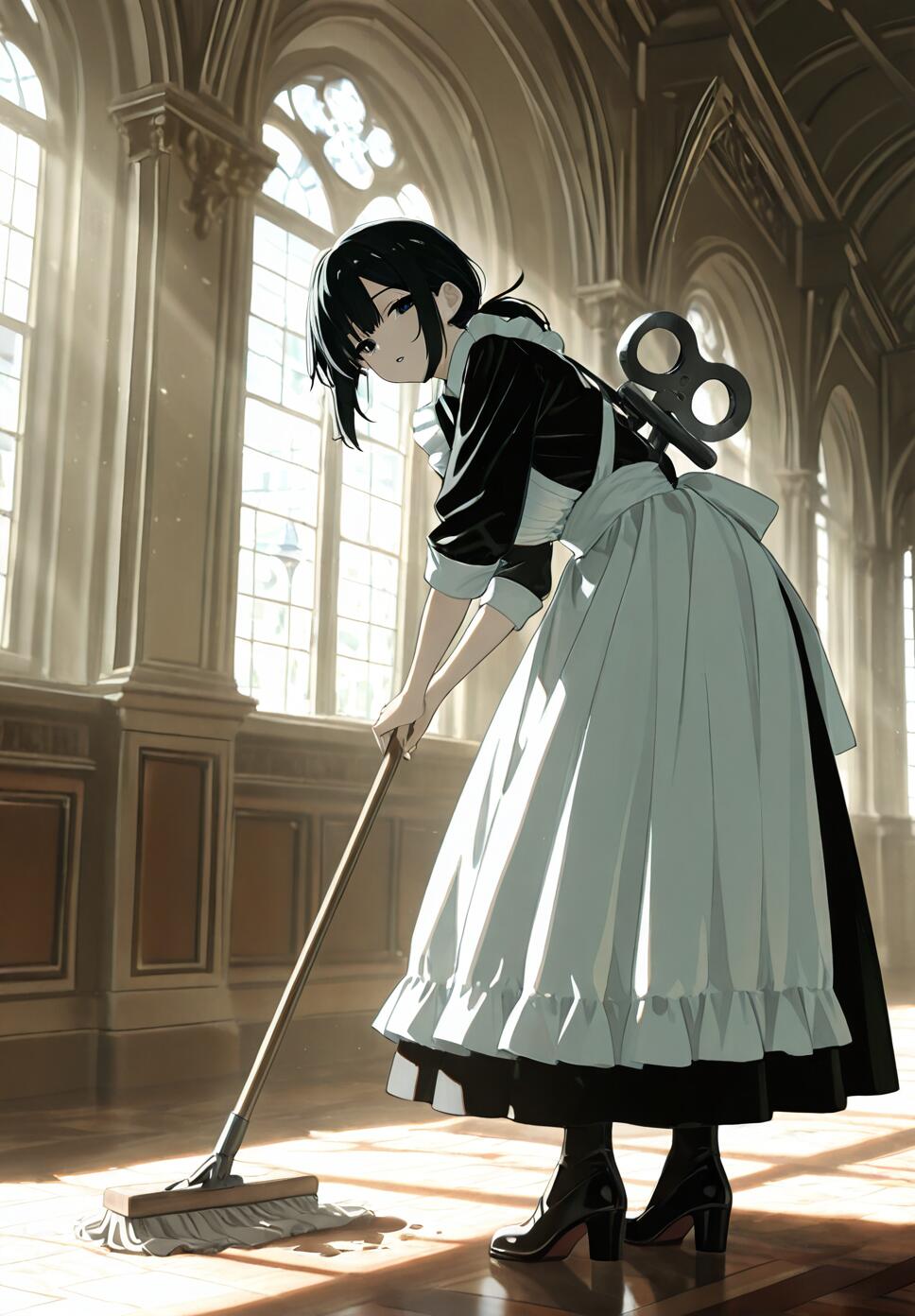 A full-body illustration of an anime-style maid with a wind-up key on her back, holding a mop and cleaning the wooden floor of a sunlit hall with large arched windows.