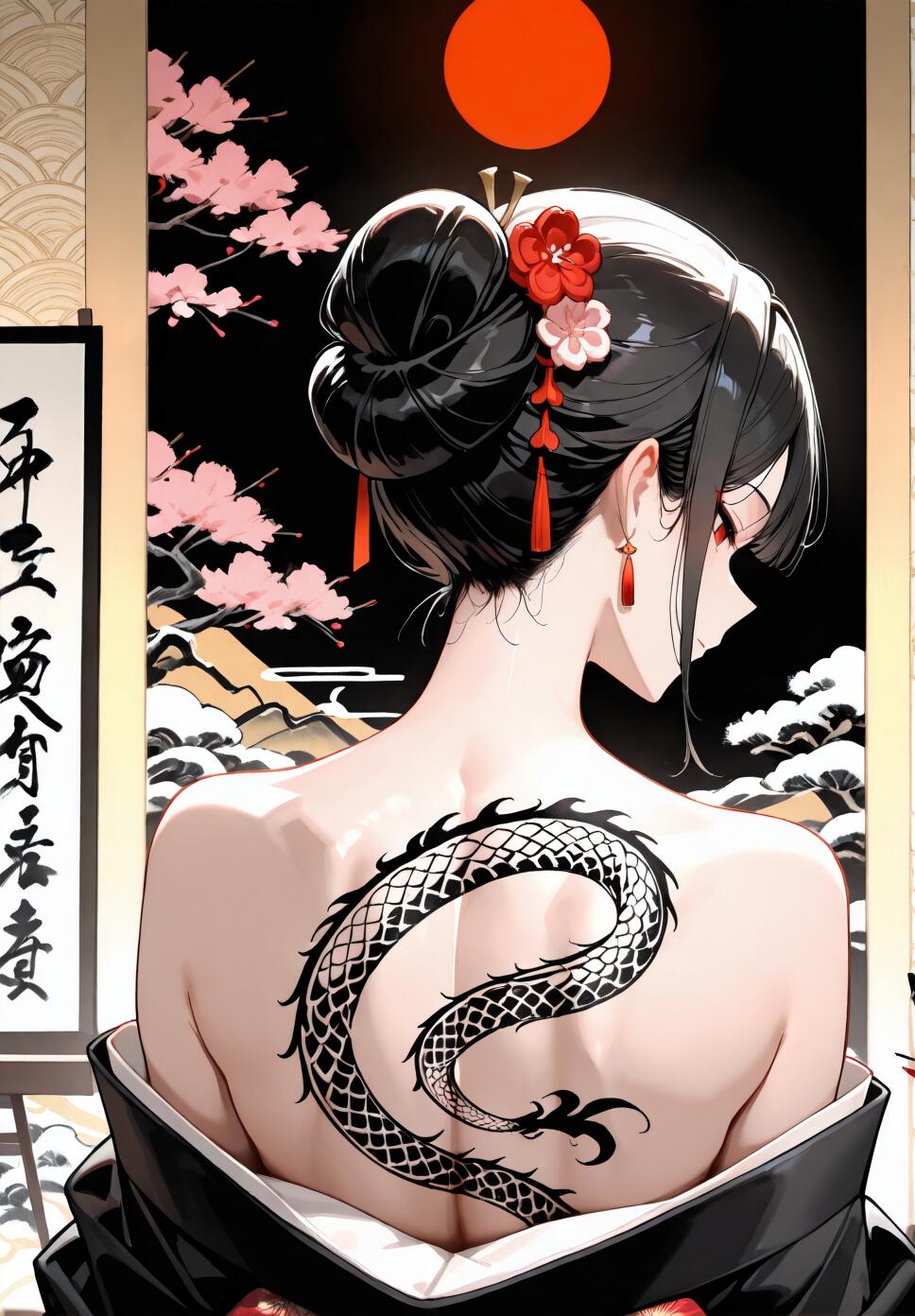 An anime-style illustration of a woman with black hair in an updo and a large dragon tattoo on her back, wearing a black kimono. She is seen from behind, looking over her shoulder against a background with a red moon and cherry blossoms.