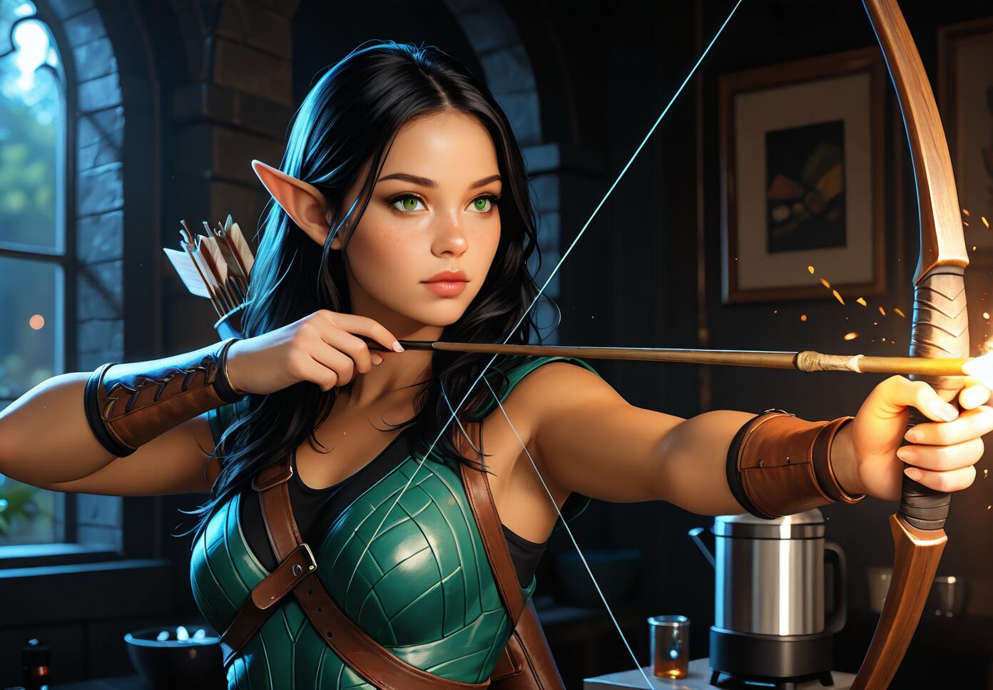 A beautiful female elf with long black hair, pointy ears, and green eyes, aiming a bow and arrow in a dimly lit room. She wears green armor and the tip of her arrow is glowing.