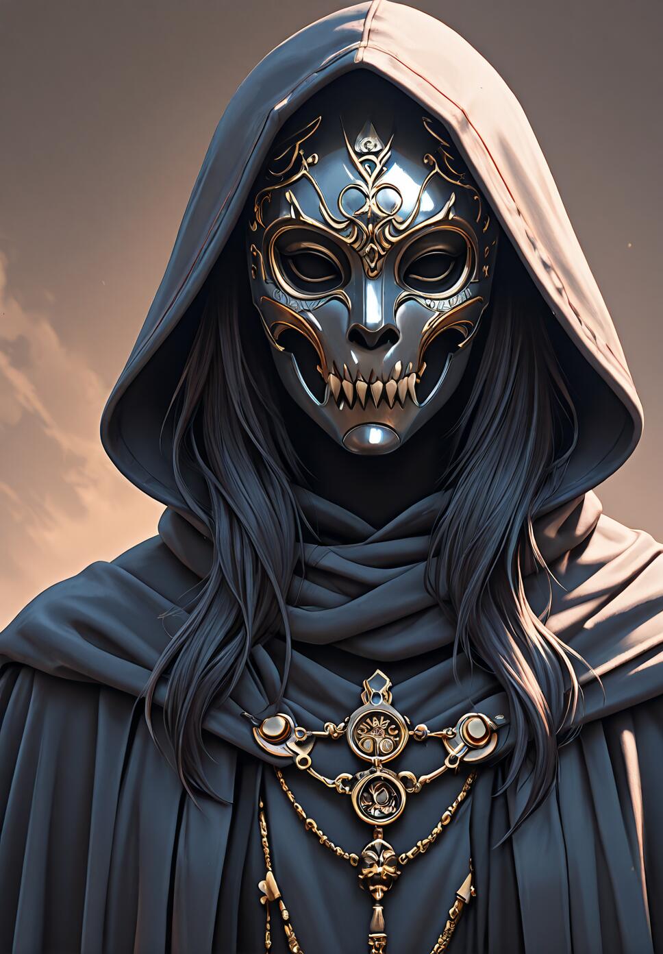 A portrait of a person wearing a dark hooded cloak and an intricate silver and gold mask designed to look like an ornate skull with teeth.