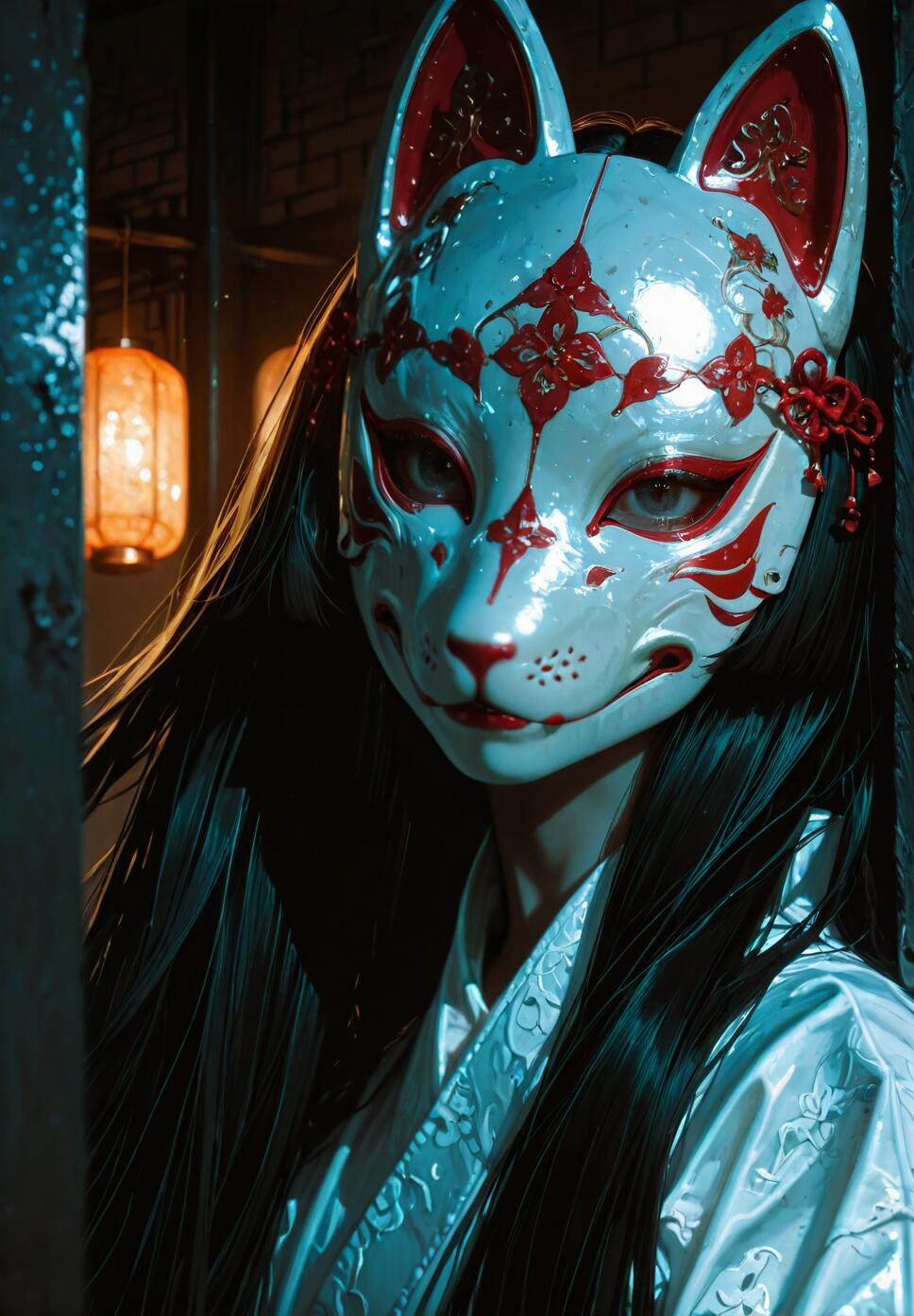A close-up portrait of a woman with long black hair wearing an intricate white and red Japanese fox mask and a white kimono, standing indoors at night with glowing paper lanterns behind her.