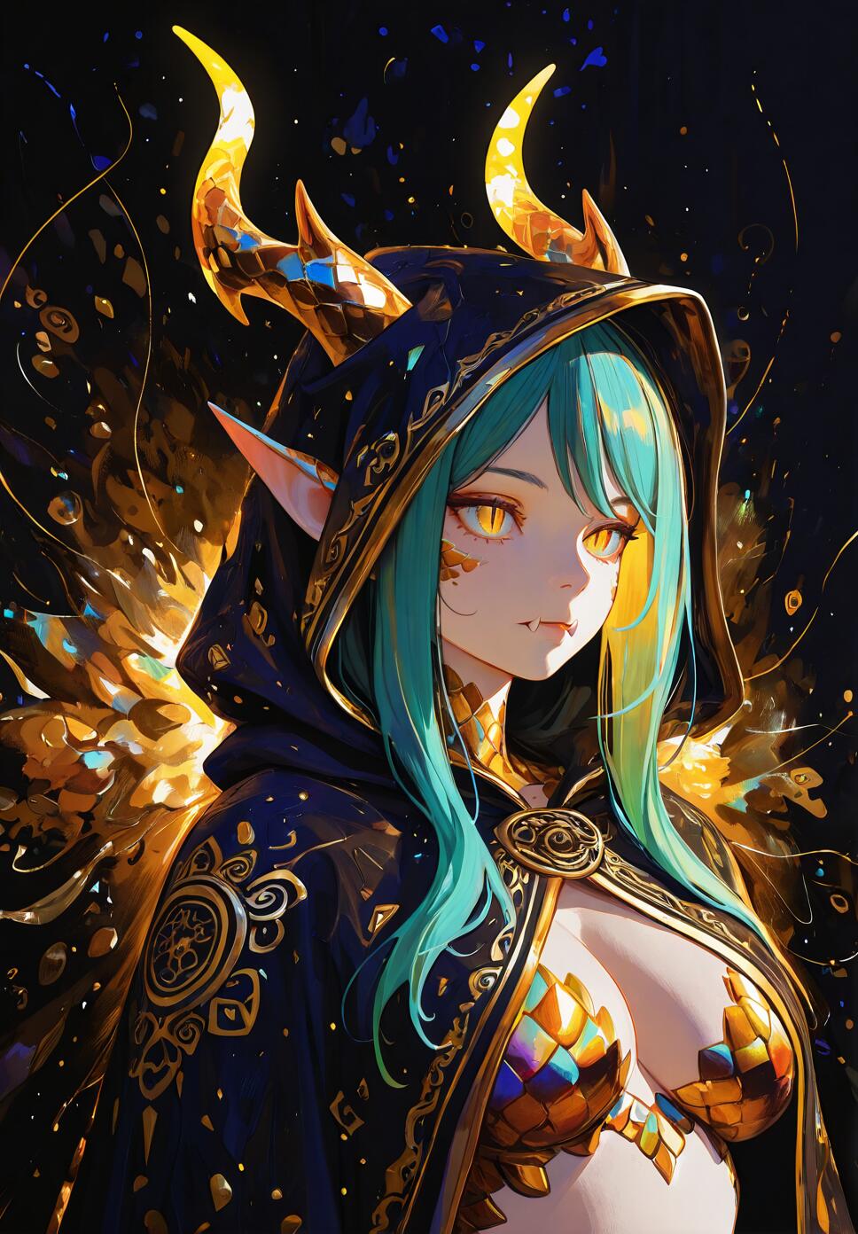 An anime-style illustration of a fantasy girl with turquoise hair, glowing golden horns, and reptilian yellow eyes, wearing a dark blue hooded cloak with gold trim.