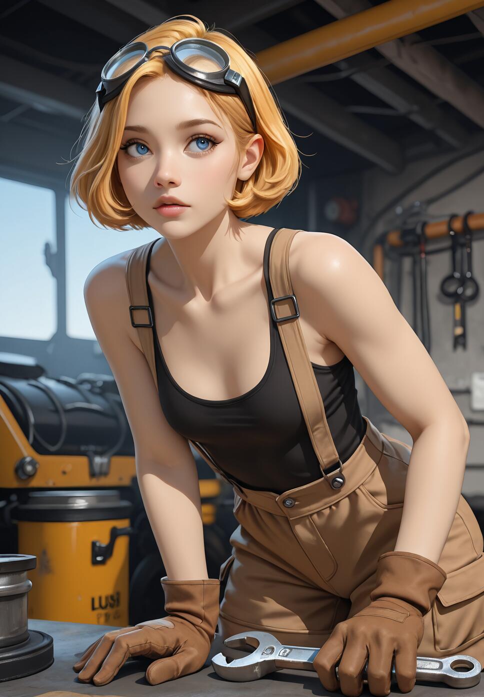 A digital illustration of a young woman with short blonde hair and blue eyes dressed as a mechanic. She is wearing a black tank top, brown overalls, gloves, and has goggles on her head while holding a wrench in a garage.