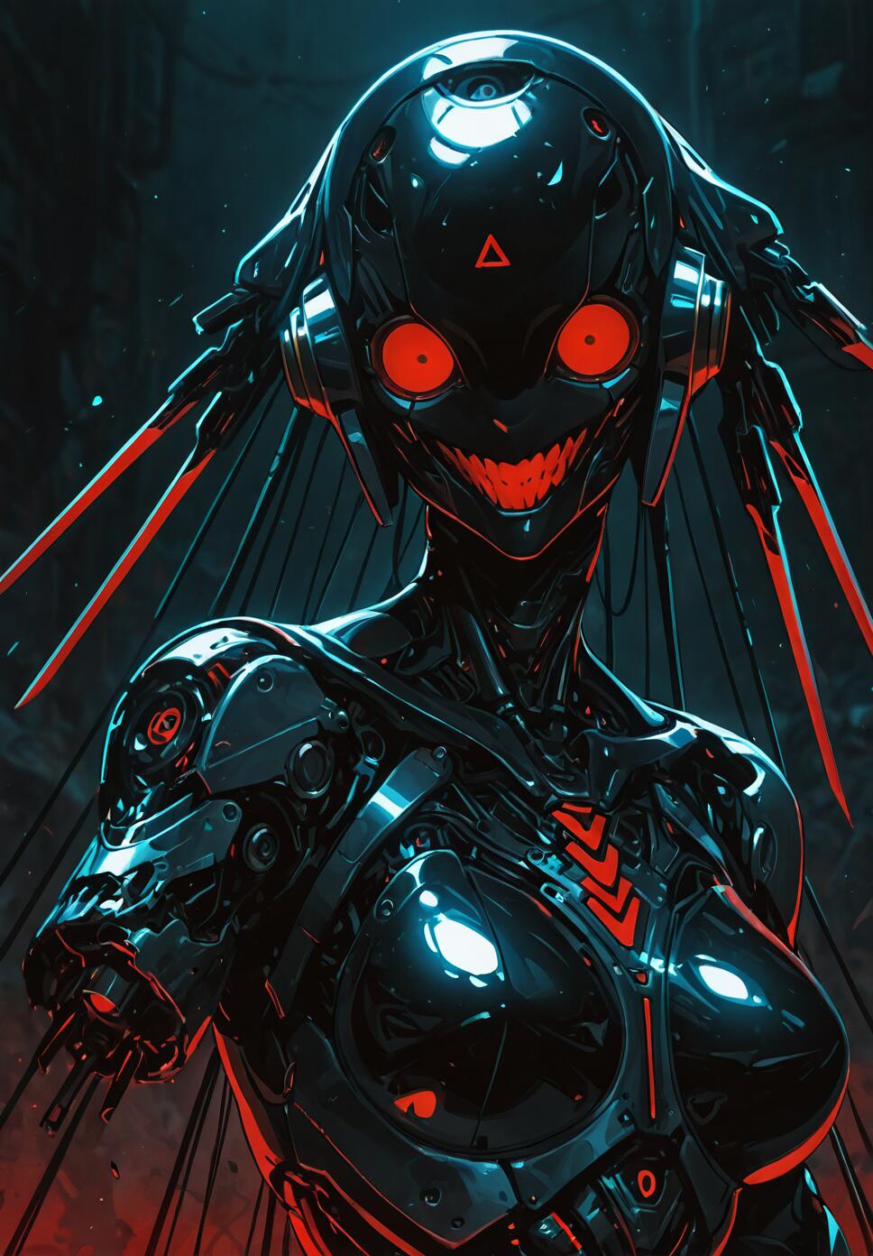 A close-up portrait of a female-presenting robot with a glossy black body, glowing red eyes, and a wide, menacing red grin. Her hair is made of black wires and red-edged blades, and she is missing one arm.