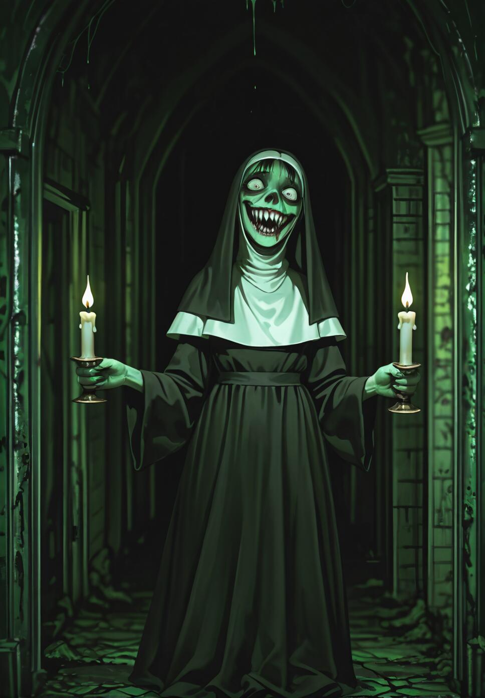 A horror illustration of a green-skinned nun with a terrifyingly wide smile and sharp teeth, holding two lit candles in a dark, spooky stone hallway.