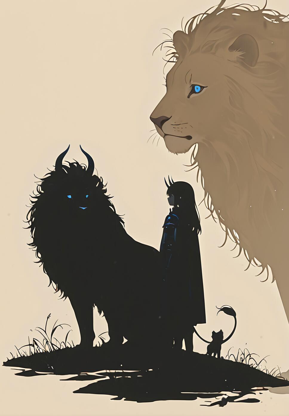 A fantasy illustration of a horned girl in a cape standing with a large black horned lion and a small cat, all in silhouette. A giant, light-brown lion with blue eyes looks on from the background.