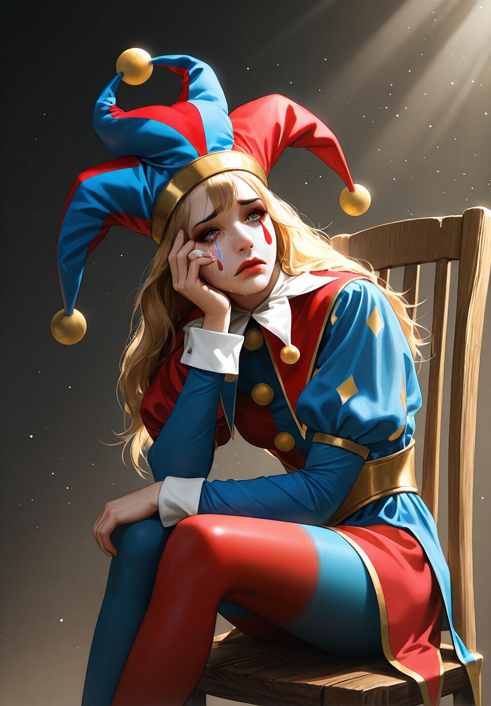 A realistic digital portrait of a sad young woman with long blonde hair dressed as a jester, resembling the character Pomni. She sits on a wooden chair in a red and blue costume with a matching hat, crying with her head resting on her hand under a spotlight.