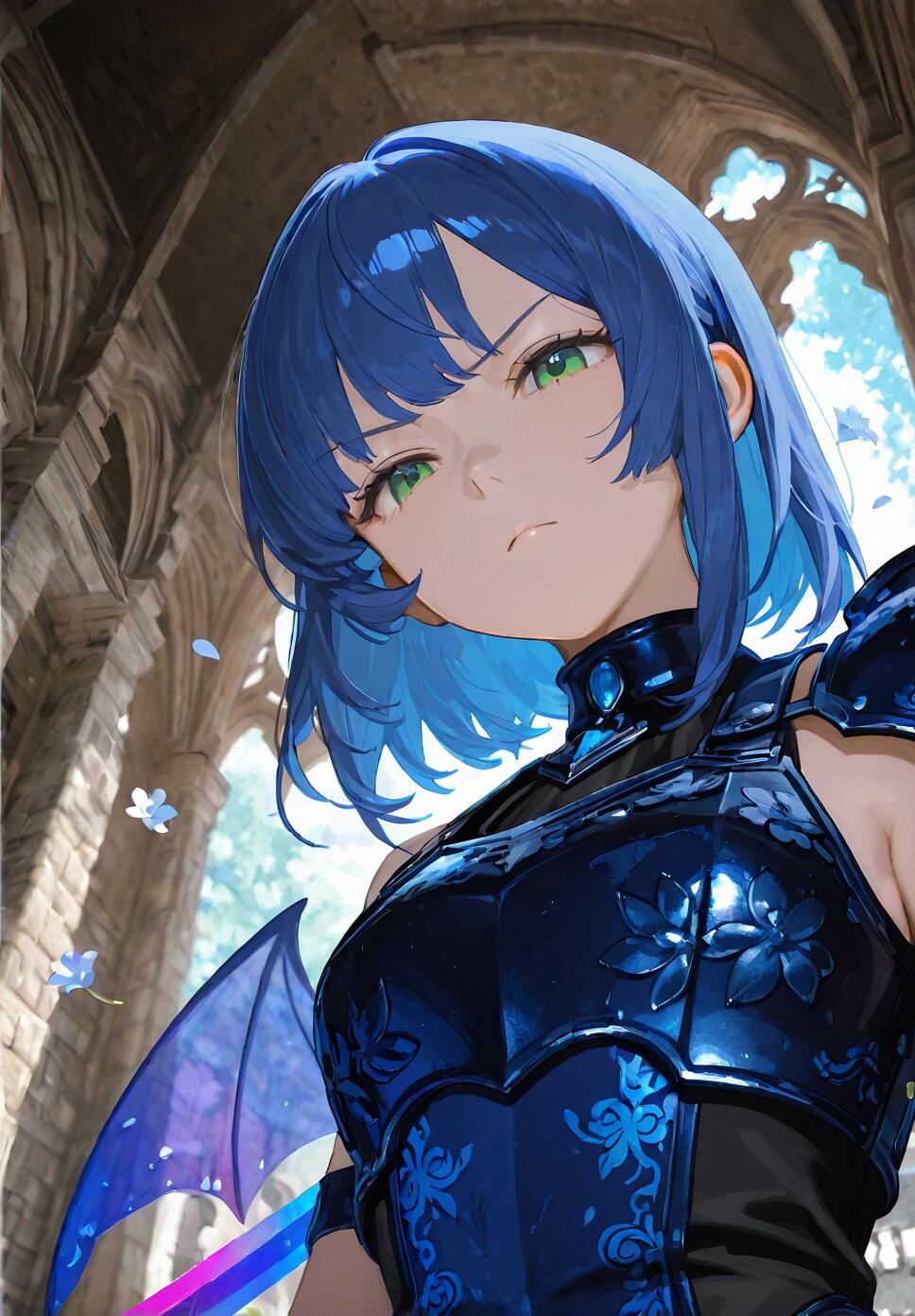 A low-angle close-up of a fantasy anime warrior with short blue hair and green eyes. She is wearing ornate blue armor with floral details and has a small demonic wing, standing within the stone ruins of a cathedral.