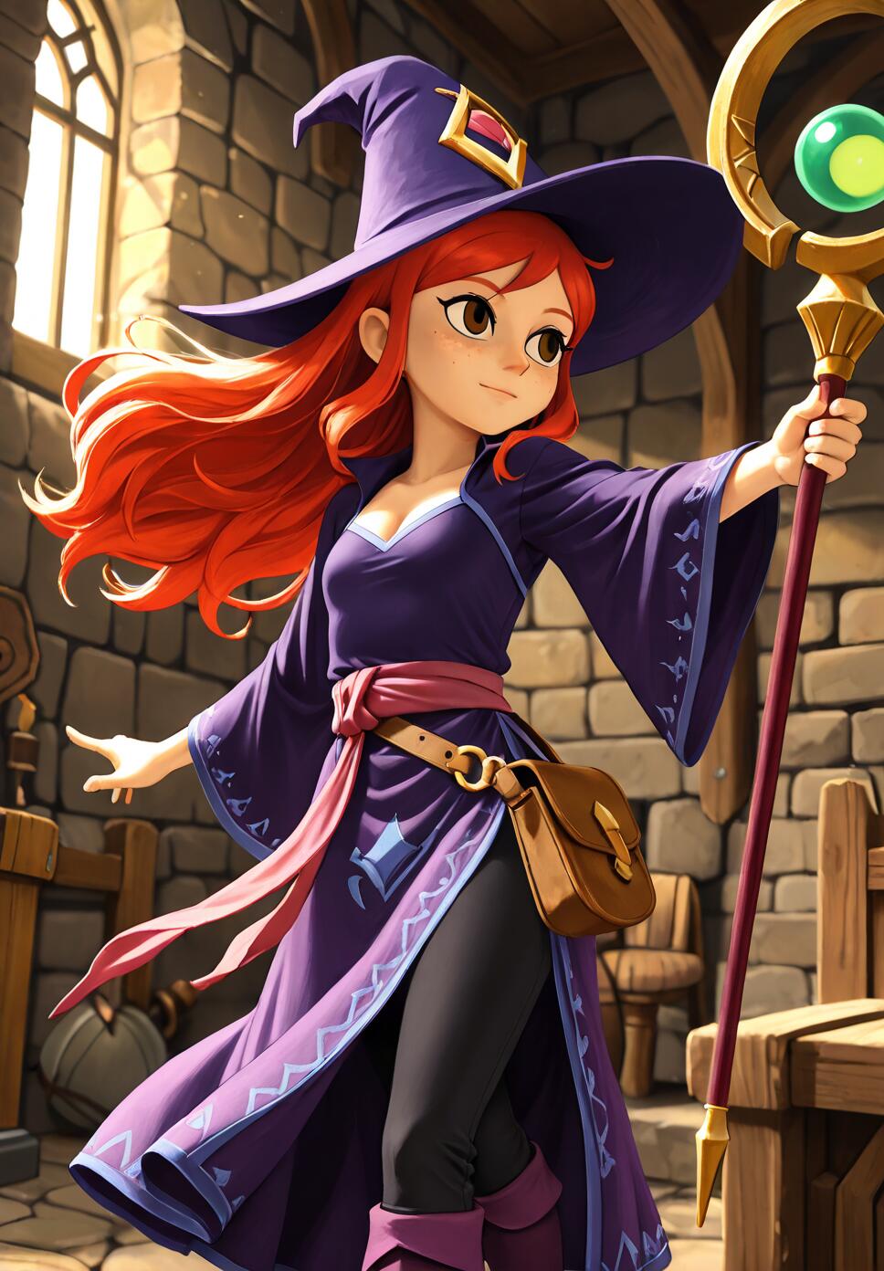 A digital illustration of The Magician from The Dungeon of Naheulbeuk, a young sorceress with long red hair and a purple hat, holding a golden staff with a green orb inside a stone room.