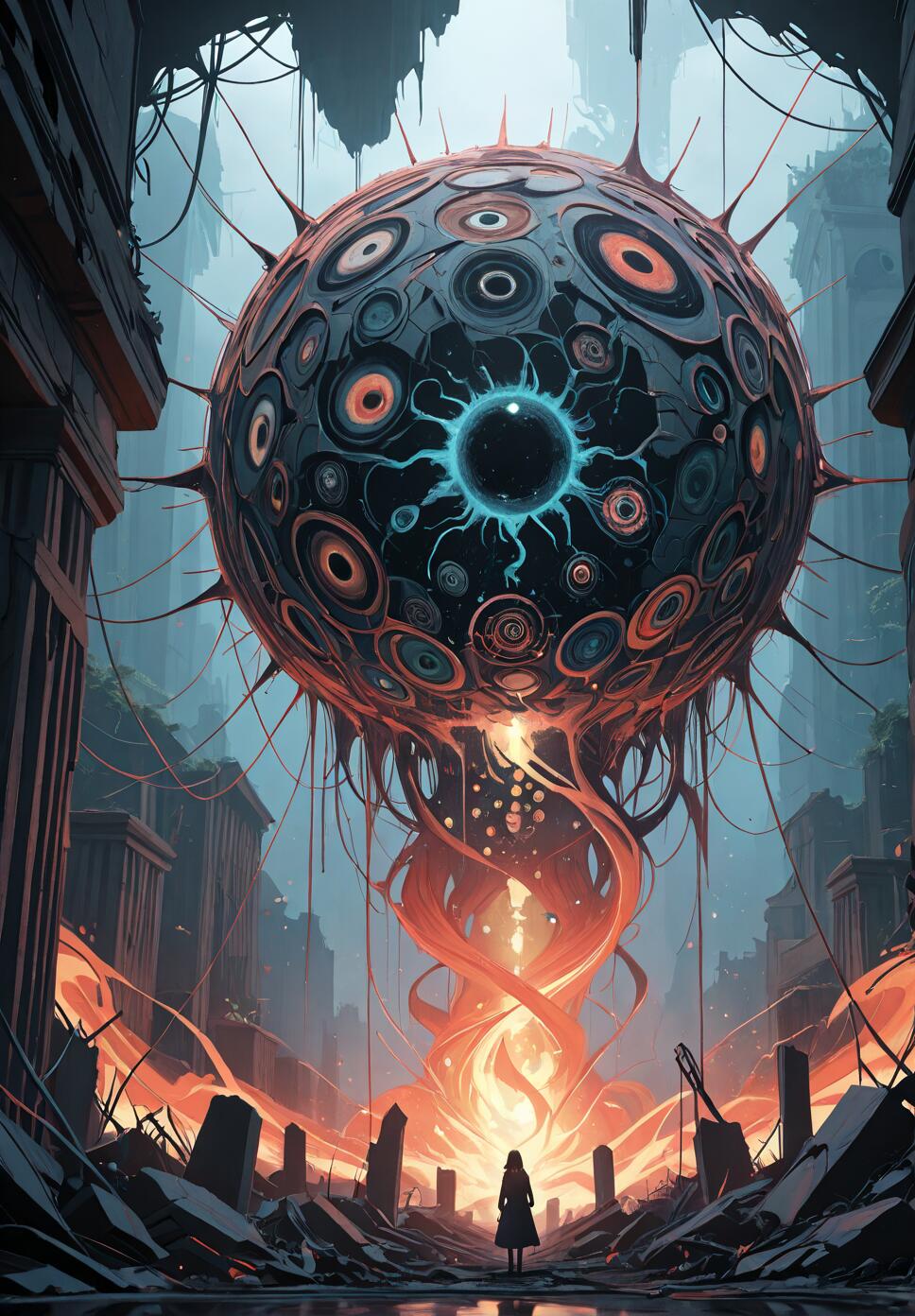 A digital illustration of a lone woman standing in the ruins of a city, facing a gigantic, floating, spherical creature covered in eyes. A column of orange, fiery energy connects the creature to the ground in front of her.