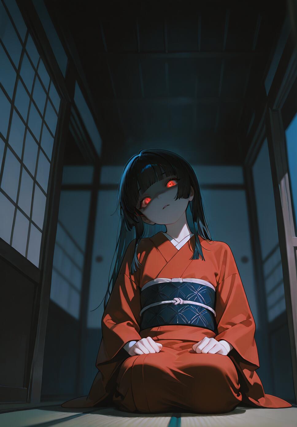 A low-angle shot of Enma Ai from Jigoku Shoujo kneeling in a dark Japanese room. She wears a red kimono, and her glowing red eyes stare menacingly from her shadowed face.