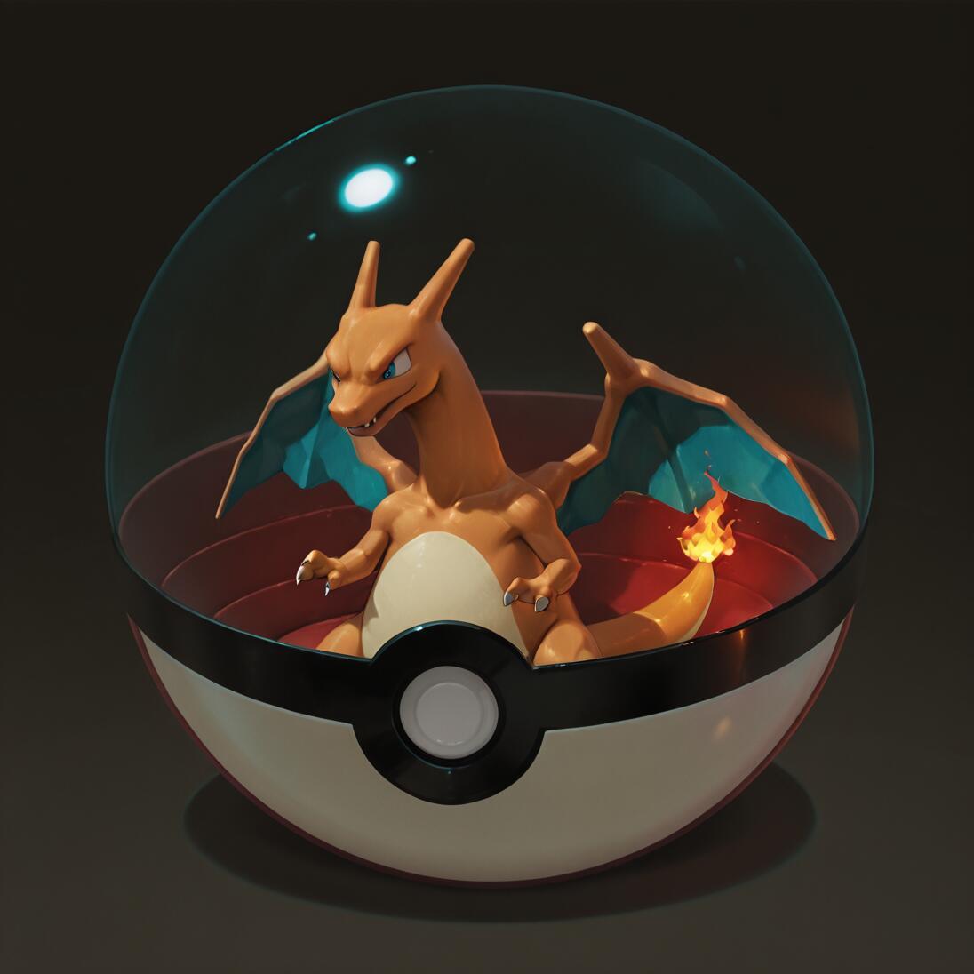 A digital rendering of the Pokémon Charizard, an orange dragon-like creature, sitting inside a Poké Ball. The top half of the Poké Ball is a clear glass dome, and the flame on Charizard's tail is lit.