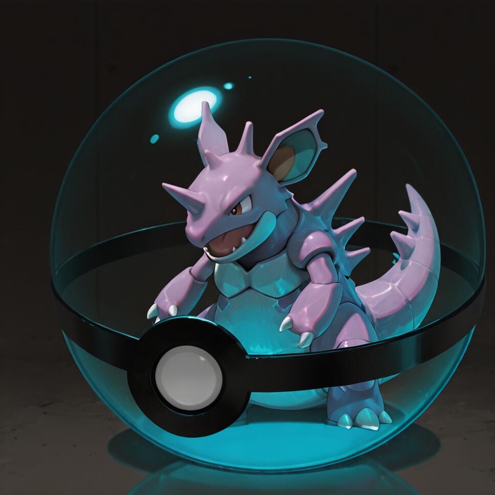A digital illustration of the Pokémon Nidoking, a large purple bipedal creature with spikes and a horn, standing inside a transparent Poké Ball that is glowing with a bright blue light from the bottom.