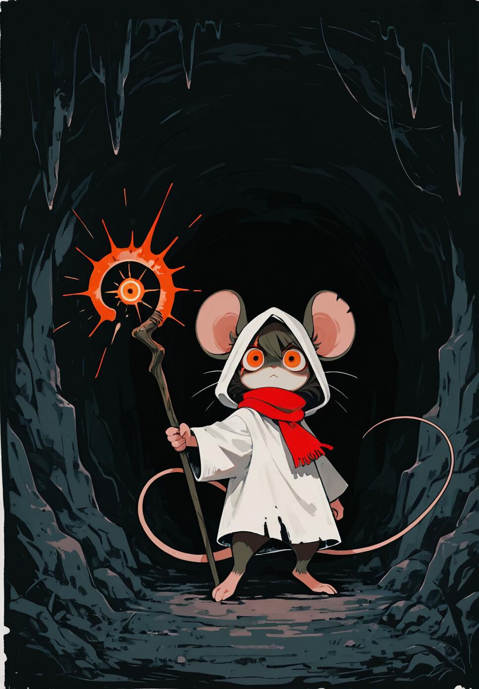 An anthropomorphic mouse wearing a white hooded robe and red scarf stands in a dark cave, holding a wooden staff that emits a bright orange, spiral-shaped magical glow.