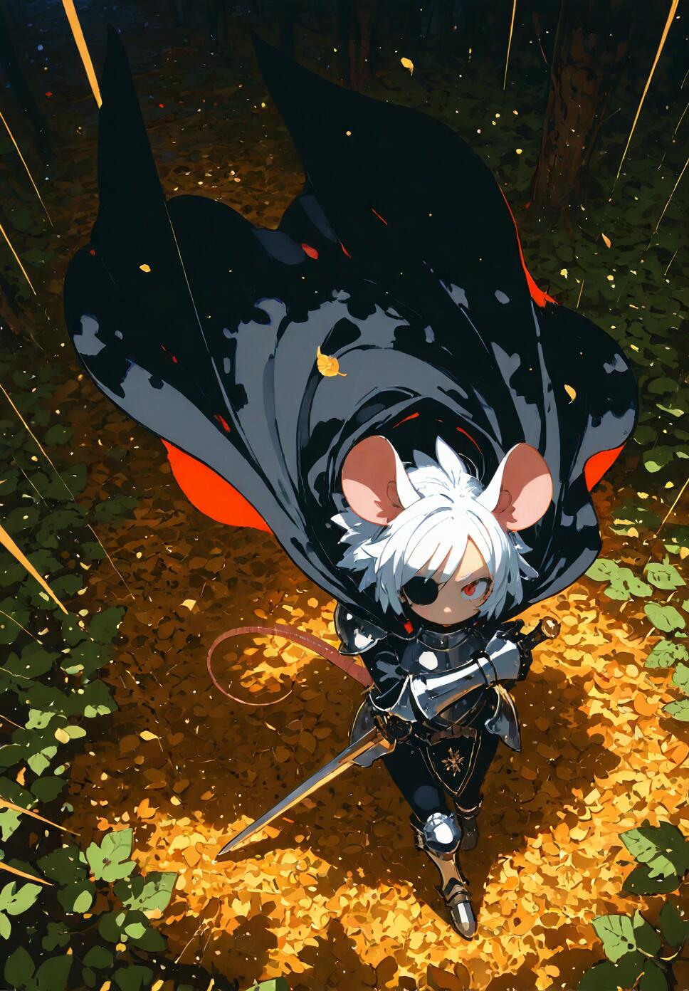 A full-body illustration of an anthropomorphic mouse girl knight with white hair and an eyepatch, viewed from above. She stands in a forest on a bed of yellow leaves, wearing black armor and a large black cape, holding a sword.