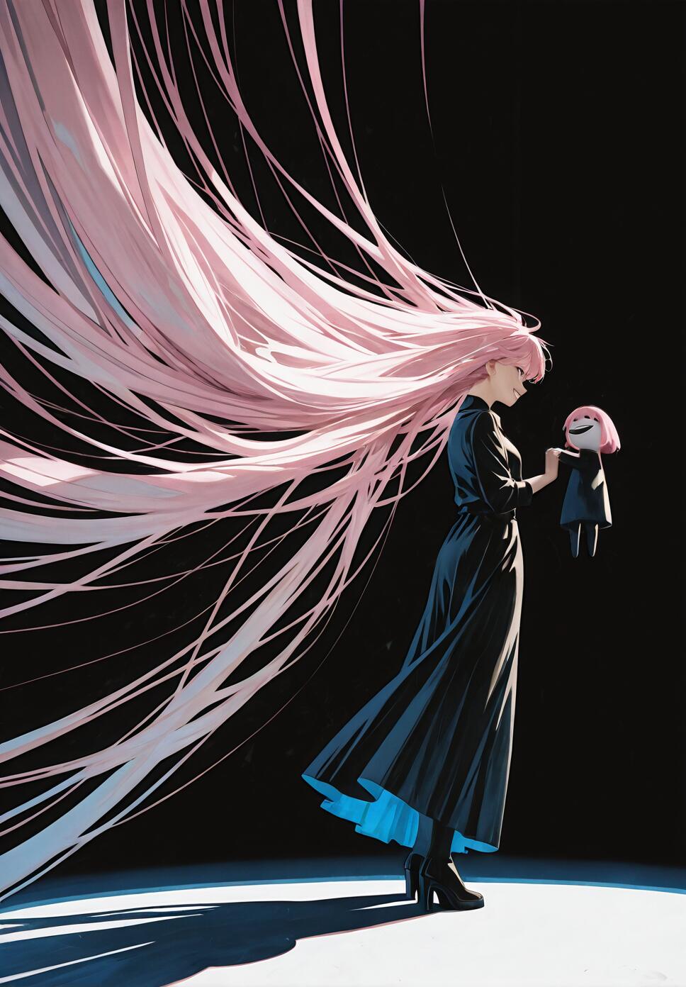 An anime-style illustration of a woman with absurdly long pink hair wearing a black dress. She stands in a spotlight against a black background and holds a small puppet that looks like her but with a wide, eerie smile.