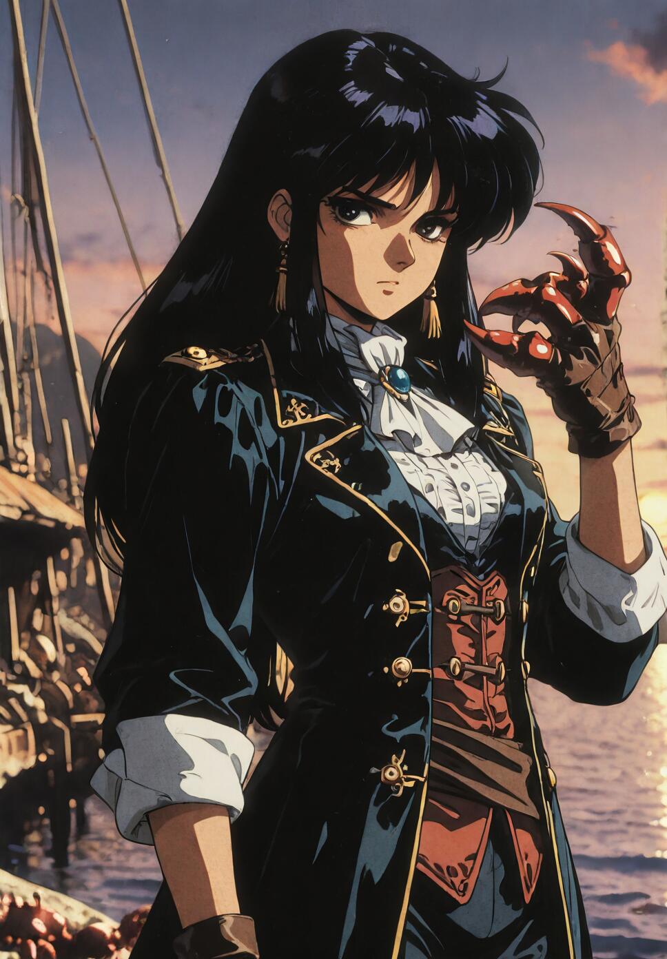 A female anime character with long black hair, dressed as a pirate aristocrat, stands at a harbor. She wears a dark coat, a ruffled shirt, and a striking red clawed gauntlet on her left hand.