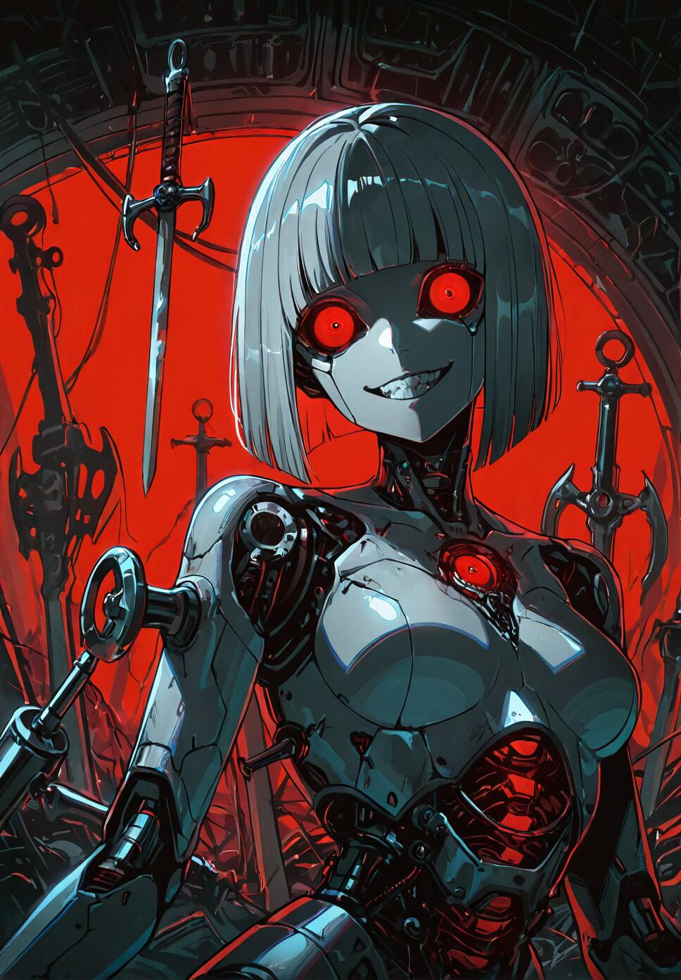 A female android with short grey hair, glowing red eyes, and a wide evil grin, standing in a dark, red-lit room filled with swords and torture instruments.