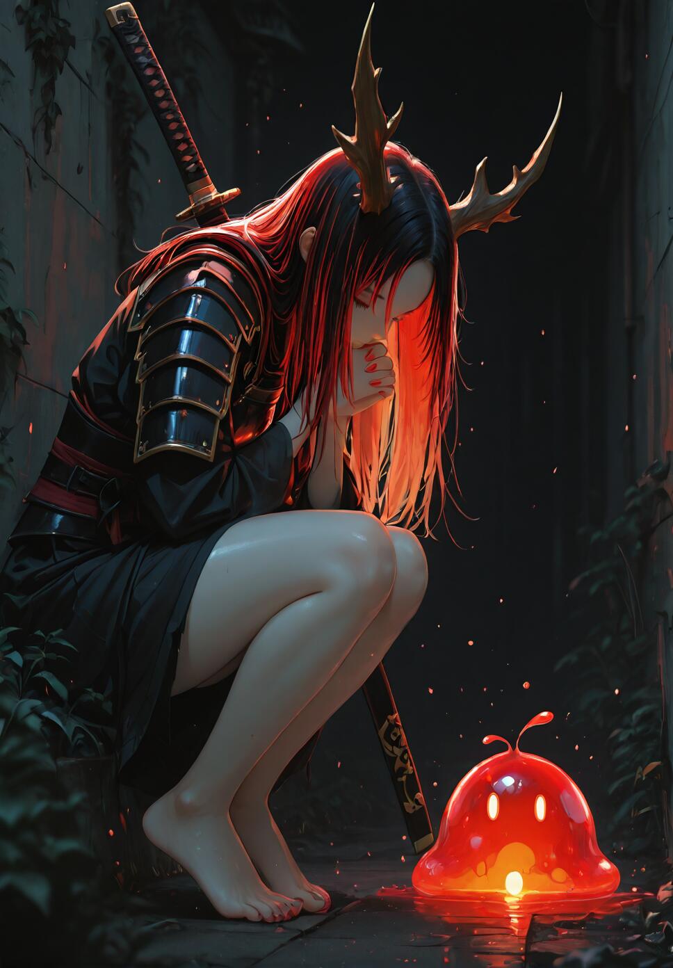 A female warrior with antlers, red-streaked black hair, and samurai armor crouches in a dark alley. A glowing red slime creature with cute eyes sits next to her on the ground, casting a warm light.