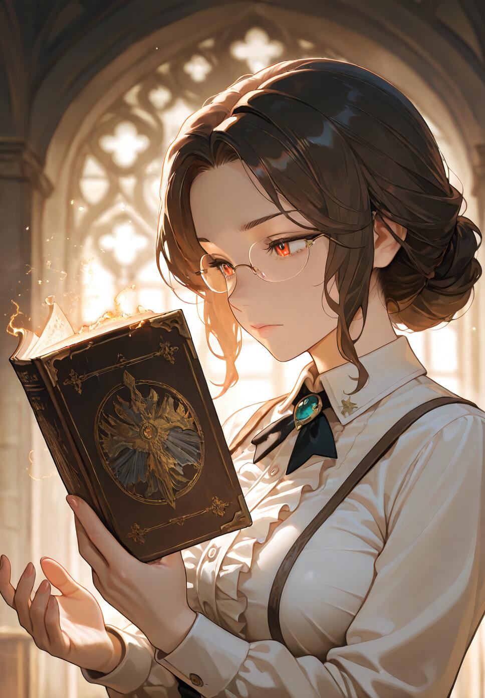 An anime-style illustration of a young woman with brown hair and glasses, wearing a white shirt and suspenders, reading a magical book that is glowing with golden light in a grand, sunlit hall.